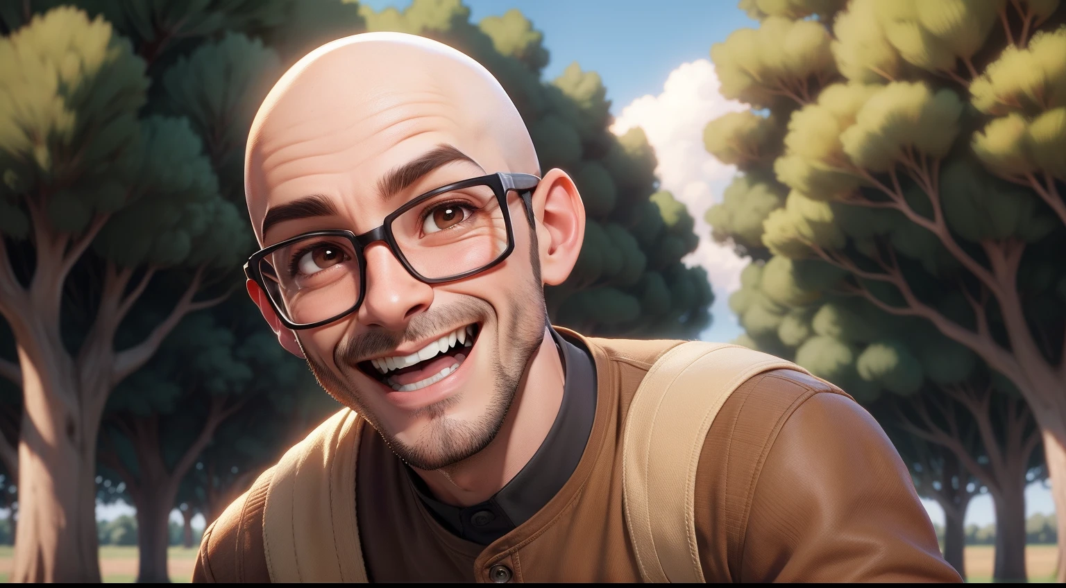 bald male character, brown eyes,brown clothes , without hair , without beard, wearing glasses, laughing ,close up, a field with trees in background,style of a Disney Pixar cartoon