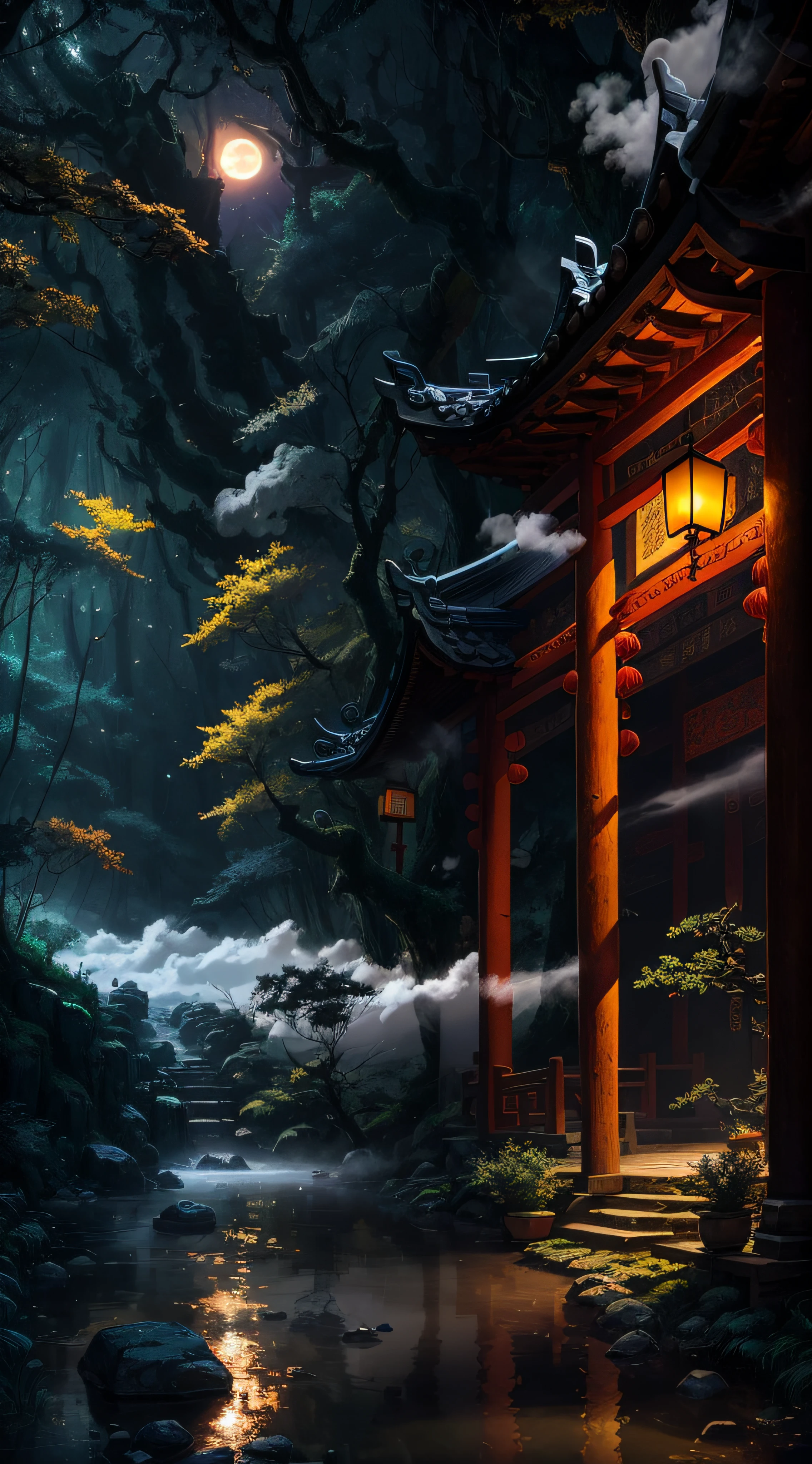 (enormously detailed的 CG unified 8k Wallpapers、tmasterpiece、best qualtiy、Best light and best detail)Lush deep forest,Steaming mist、Babbling streams,The bright moonlight and the sparkling starlight mingle,The ancient Chinese architecture is quaint、In a complex atmosphere,Enjoy the beauty of nature to the fullest。