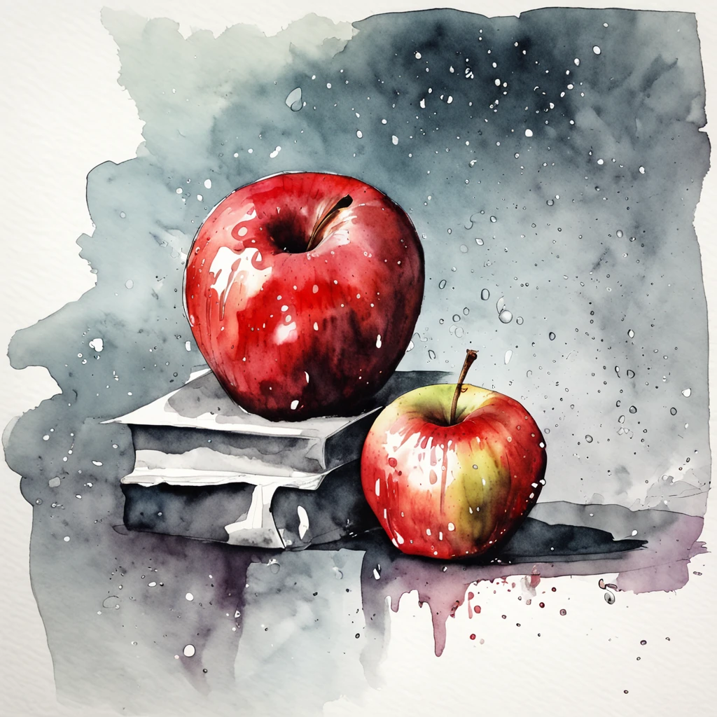 one Red apple with water drops, ink drawing, Watercolor, white background, fold