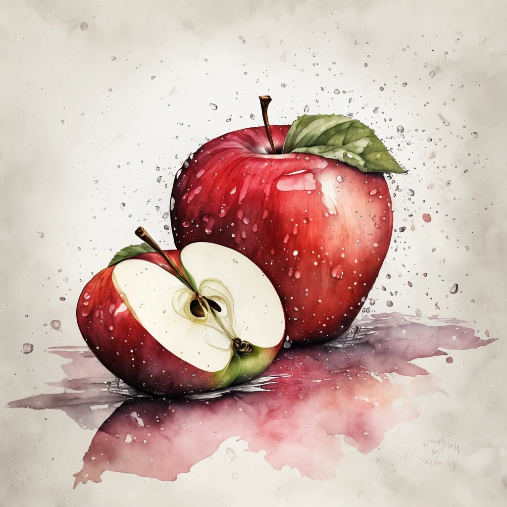 one Red apple with water drops, ink drawing, Watercolor, white background, fold