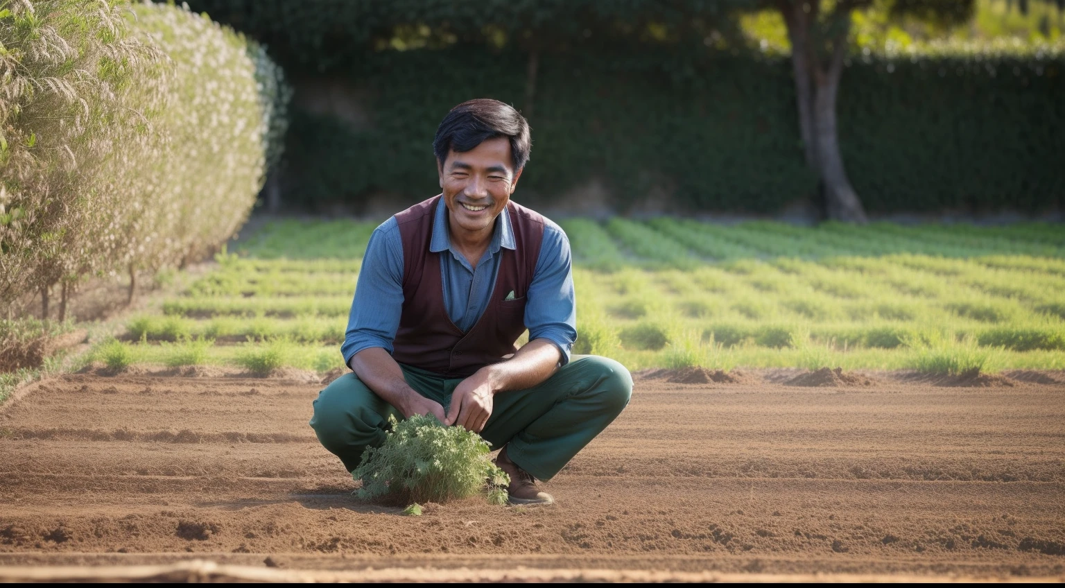 A scene in which oriental man is engaged in agricultural activities, ajudando a plantar sementes nos jardins da aldeia. His smile and determination show how he continues to share his generosity and knowledge to improve the lives of those around him.
