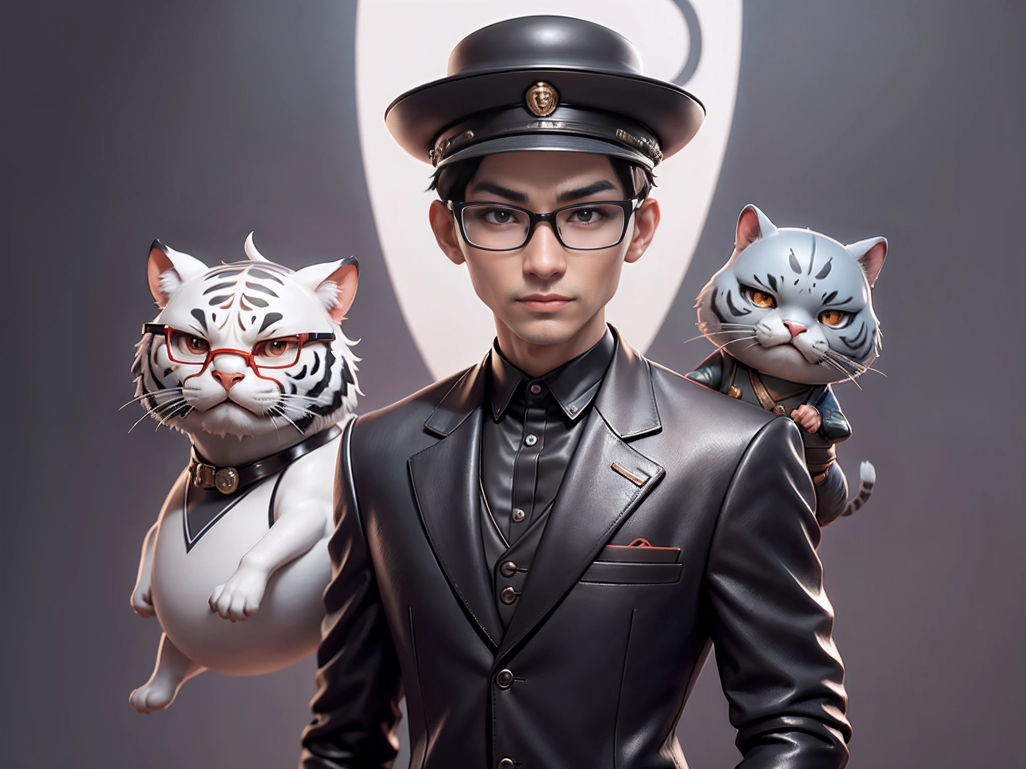 Young man with oriental face in leather hat, tiger, oriental face in formal suit, short black hair, silver glasses, digital painting, 3D character design by Mark Clairedon and Pixar and Hayao Miyazaki and Akira Toriyama, the illustration is a high-definition illustration in 4K resolution with very detailed facial features and cartoon-style visuals.