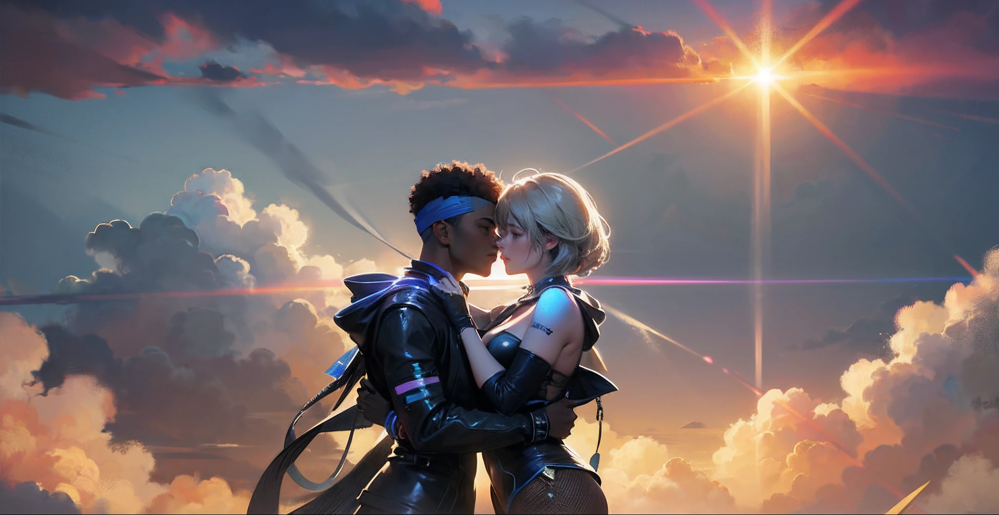 A sculpture of a couple black man and woman hugging in the sky, surrounded by clouds with the sunlight piercing through, with iridescent light, highly detailed images, vibrant beautiful colours, photorealistic image, 8k, ultra HD, unreal engine rendered, cinematic lighting, artgerm style, --auto --s2