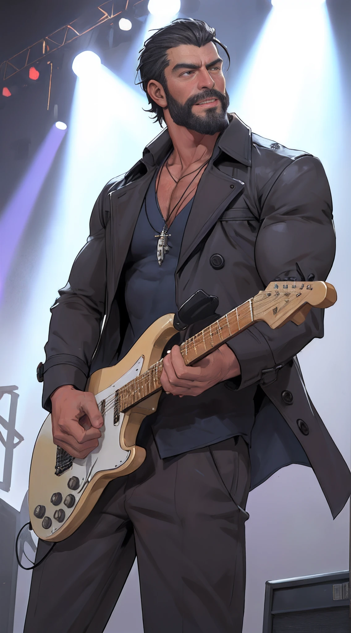 There is a man playing electric guitar on the stage, singing loudly, flying sweat, gigachad muscles, wearing a dull navy trench coat, muscular men , male art, eric clapton, Commission for high resolution, Very heavy vignette!!!,hard ,Nothing is worn, Spotlight, slight laugh,veiny muscles,,shaggy lumpy body,Silver Plate Tag Necklace,Dad with extreme muscle mass,Black little long shaved side hair,Cropped beard face,Around 50 years old,tanned brown skin,ultra-detailliert,High quality,Realistic and smooth skin texture,Photorealistic Dandy Guy,Light and shadow