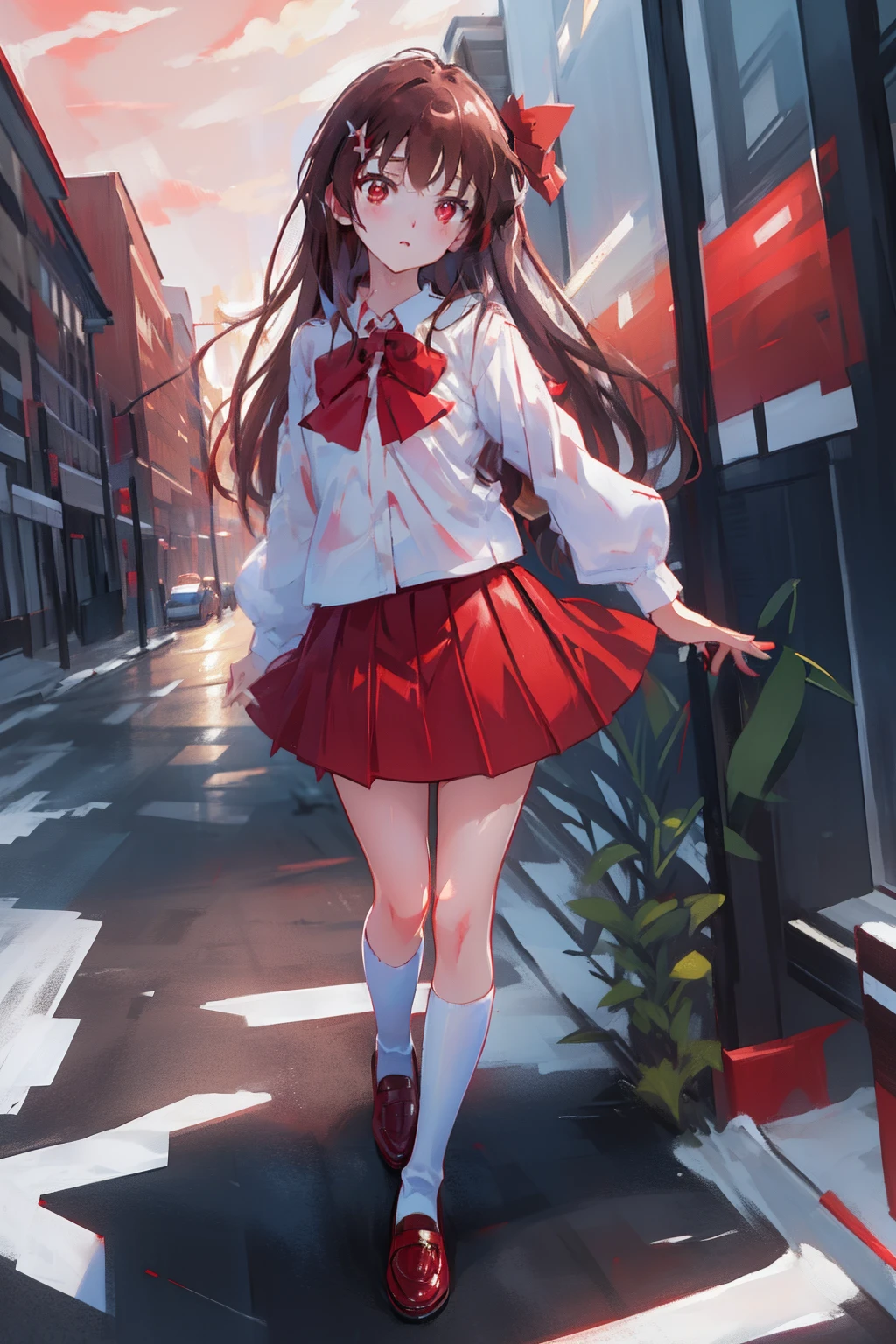 masterpiece, best quality, (Red bow on neck), Little girl, White blouse , dynamic pose, brown hair, art galley, red eyes, red skirt, red shoes, anime, anime art, best quality (hdr:1.4)