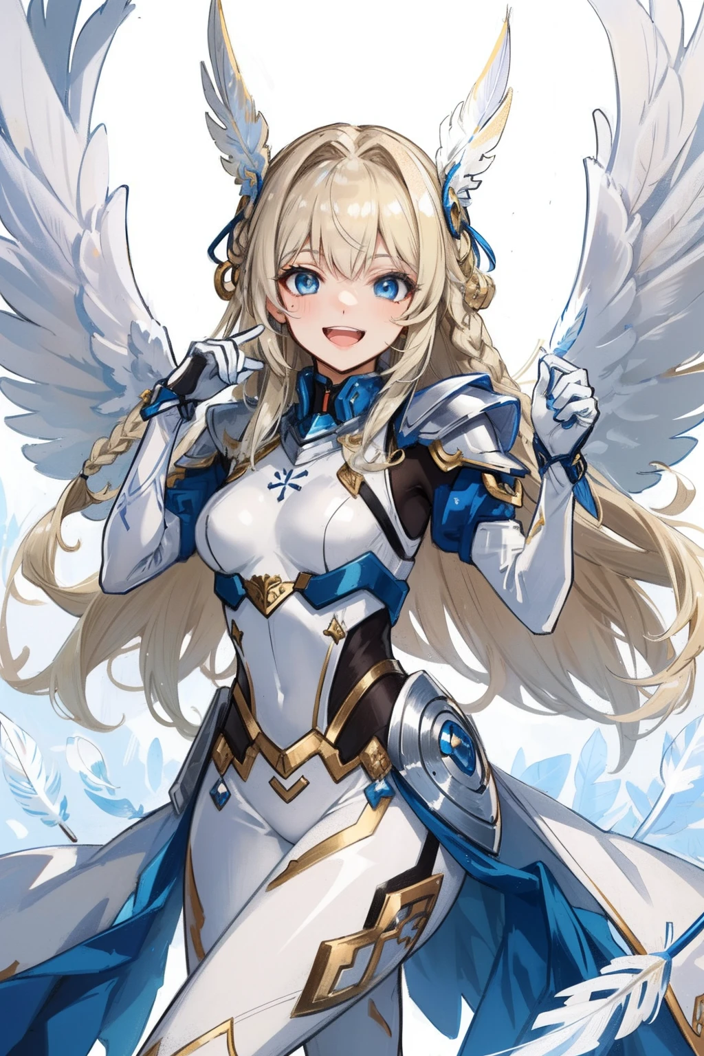 (​master piece, Best Quality),  Intricate details, valkyrie, kawaii, Happy, (((Laugh))), Villainous smile, Hand up, Looking at Viewer, Feather Headgear, Flower garden, 
1 girl in, Solo, Portrait, Tentacle Plutinum Blonde Hair, drooping ice blue eyes, Silver Single Thigh, White Independent Single Sleeve, gloves, braid, 
 mecha musume, White bodysuit, Silver Reinforced Suit, (((Mini Feather Wing))), silver pantyhose, full armor, flower decoration, equip sword,