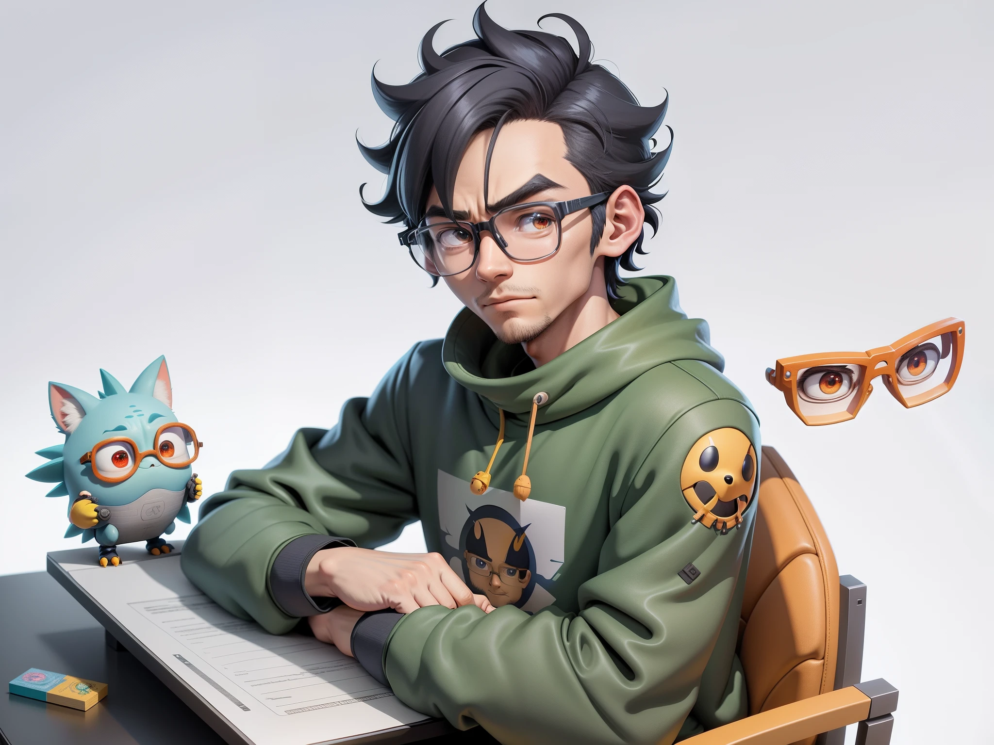 A young man with glasses sits at his desk,holding laptop,digitial painting,3D character design by Mark Clairen and Pixar and Hayao Miyazaki and Akira Toriyama,4K HD illustration,Very detailed facial features and cartoon-style visuals。
