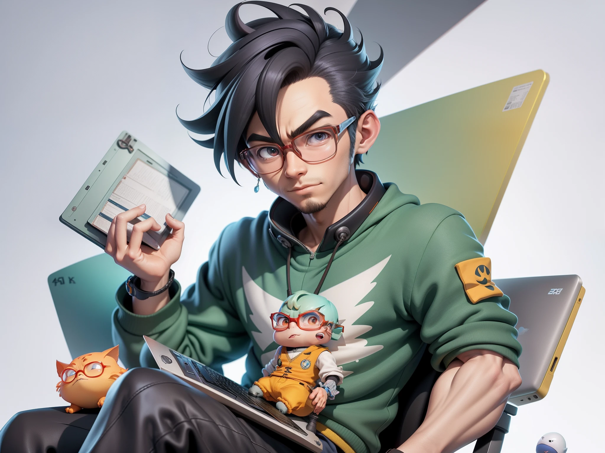 A young man with glasses sits at his desk，holding laptop，digitial painting，3D character design by Mark Clairen and Pixar and Hayao Miyazaki and Akira Toriyama，4K HD illustration，Very detailed facial features and cartoon-style visuals。