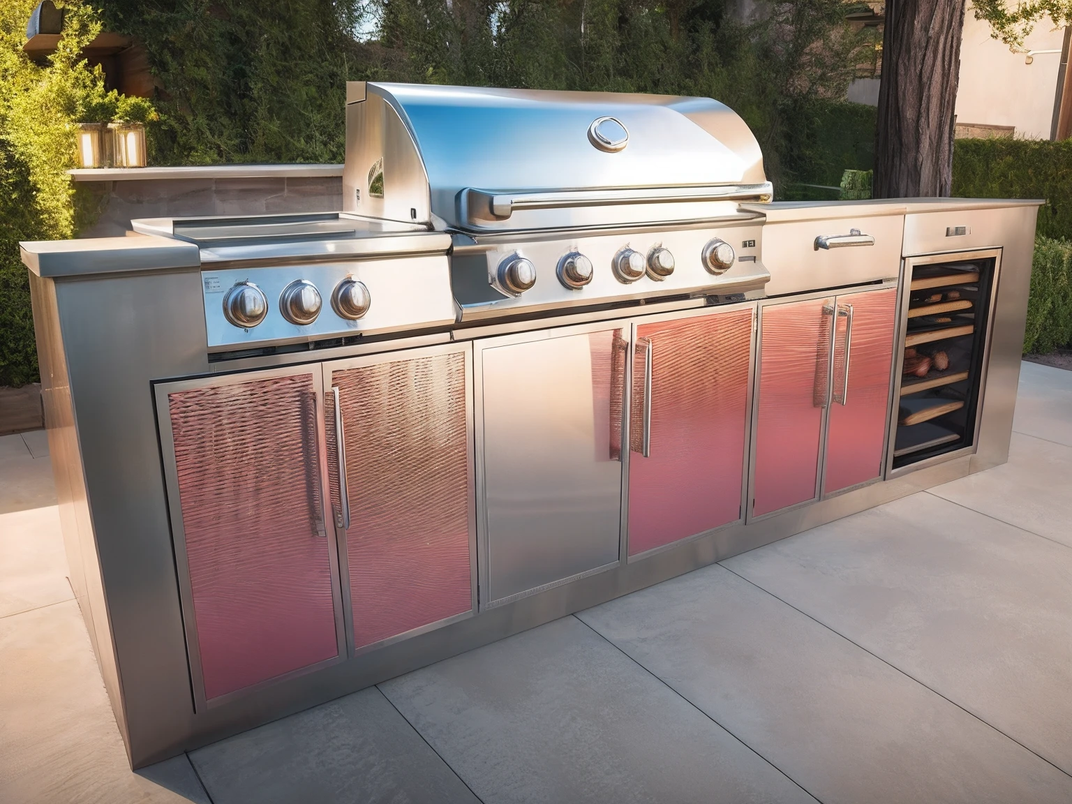 "An outdoor kitchen with a vibrant new background."