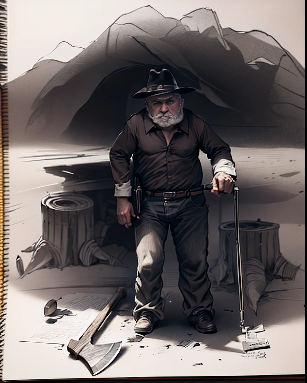 MASTERPIECE, HIGH DETAILED IMAGES, HIGH QUALITY IMAGES, PERFECT FACE, REALISTIC drawing of a man with a hat and a cane standing on the ground, REALISTIC DRAWING OF AN AXE ON THE GROUND , explorador, desenho realista profissional, desenho realista do explorador, realistic illustration, inspirado em Thomas Nast, desenho realista do artista, Realistic full-page illustration, Desenhado no estilo de Mark Arian, Directed by: Free Pejic, inspirado em Ernest Buckmaster, (inktober), inspirado em Charles Marion Russell, Fantastic Art, 8k
