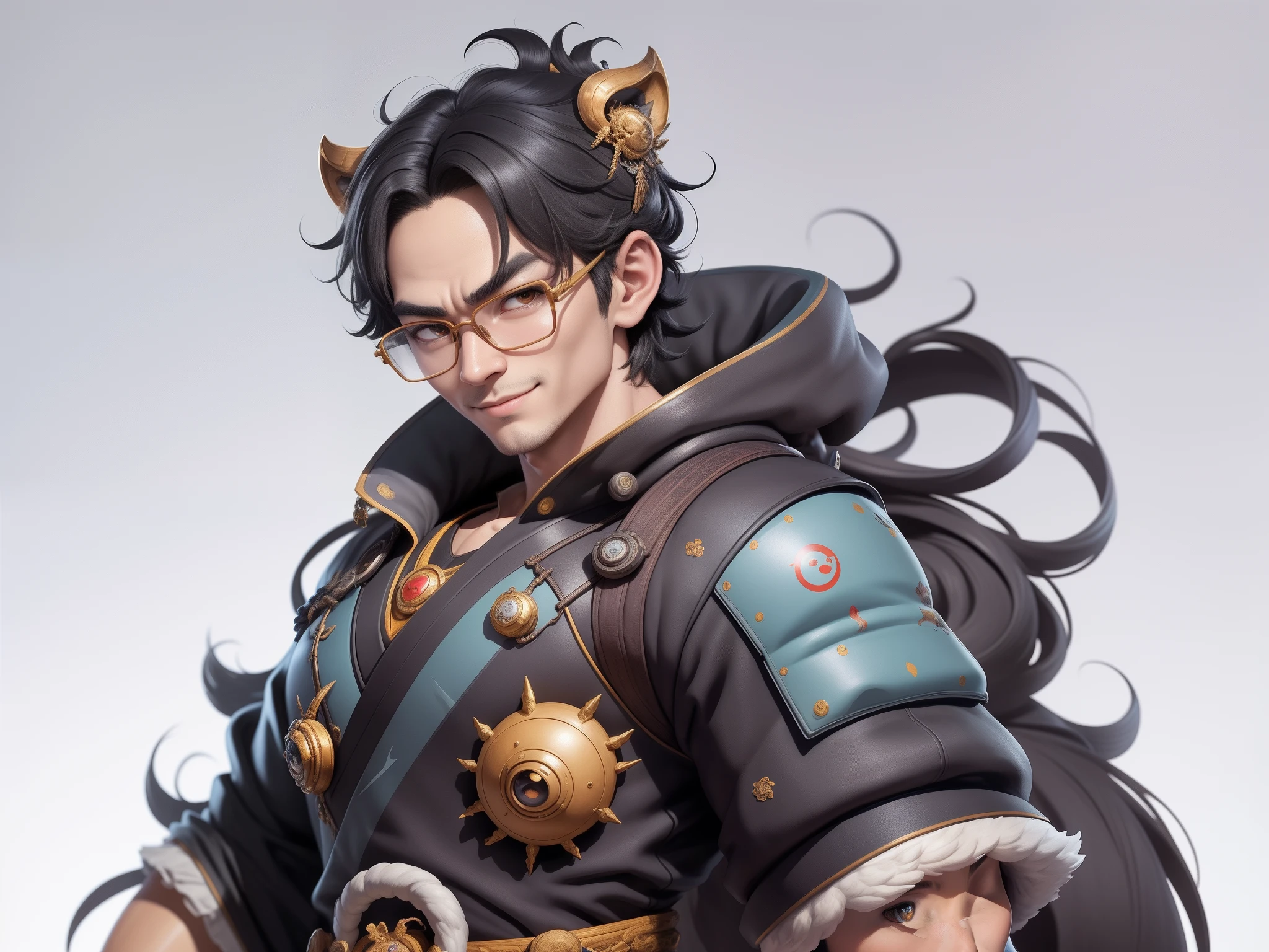 (Masterpiece), (Excellent), (Super Meticulous), (Full Body: 1.2), Super Young Man with Japanese Female Geisha, Pretty, Beautiful, Chinese Dragon, Tiger, Wind God Thor, Sexy, Bursting, Oriental Face, TV Anchor, Bust Portrait Illustration, Black Suit, Blue Tie, Slightly Chubby Face, Silver Glasses, Very Clean Face, No Beard on Chin, Black Super Short Hair, Black Eyes, Confident Smile, 3c Computer Sub-Products, iPad, iPhone, Digital Painting, 3D character design by Mark Clairedon and Pixar and Hayao Miyazaki and Akira Toriyama, the illustrations are HD illustrations in 4K resolution with highly detailed facial features and cartoon-style visuals.