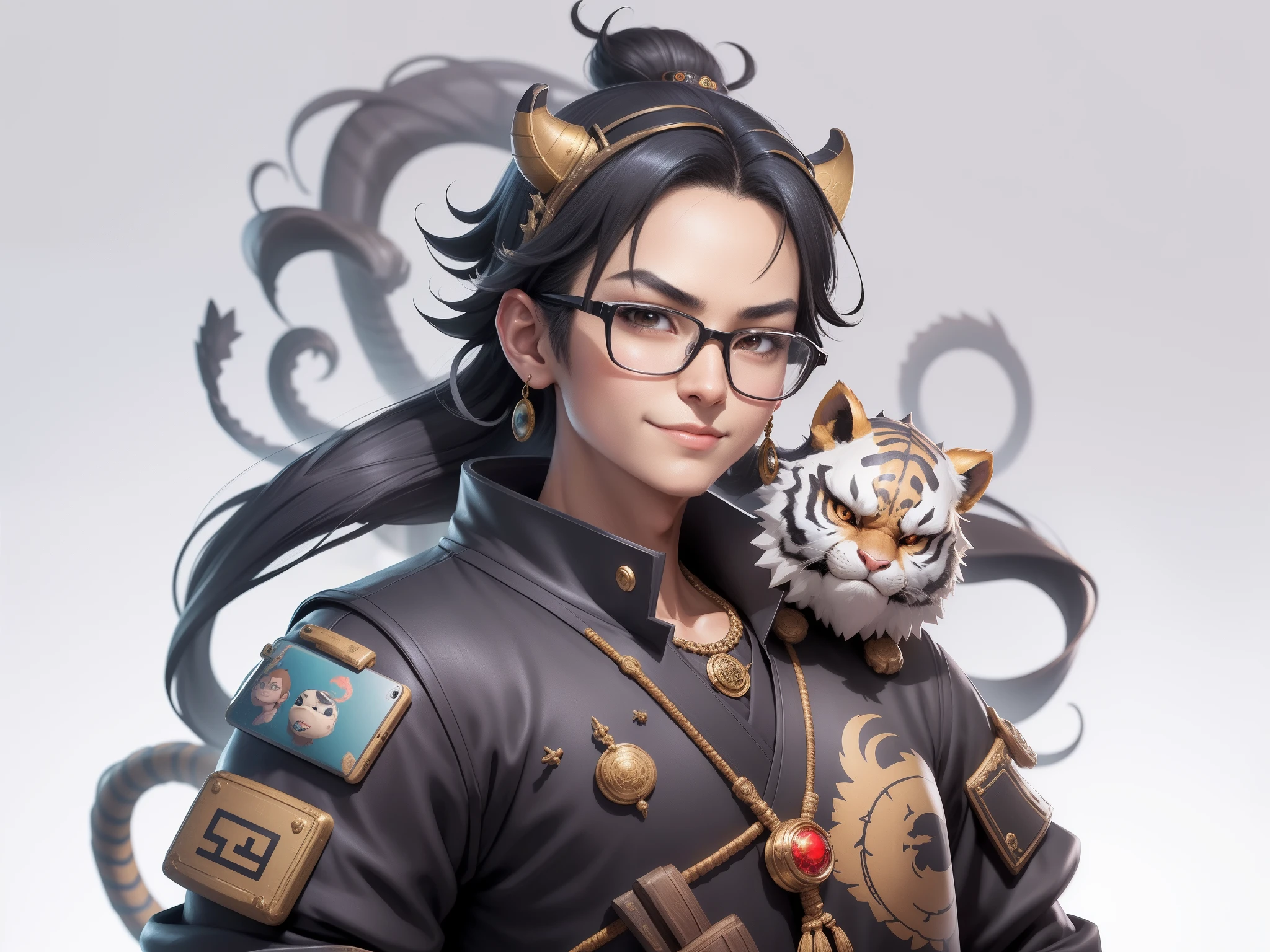 (Masterpiece), (Excellent), (Super Meticulous), (Full Body: 1.2), Super Young Man with Japanese Female Geisha, Pretty, Beautiful, Chinese Dragon, Tiger, Wind God Thor, Sexy, Bursting, Oriental Face, TV Anchor, Bust Portrait Illustration, Black Suit, Blue Tie, Slightly Chubby Face, Silver Glasses, Very Clean Face, No Beard on Chin, Black Super Short Hair, Black Eyes, Confident Smile, 3c Computer Sub-Products, iPad, iPhone, Digital Painting, 3D character design by Mark Clairedon and Pixar and Hayao Miyazaki and Akira Toriyama, the illustrations are HD illustrations in 4K resolution with highly detailed facial features and cartoon-style visuals.