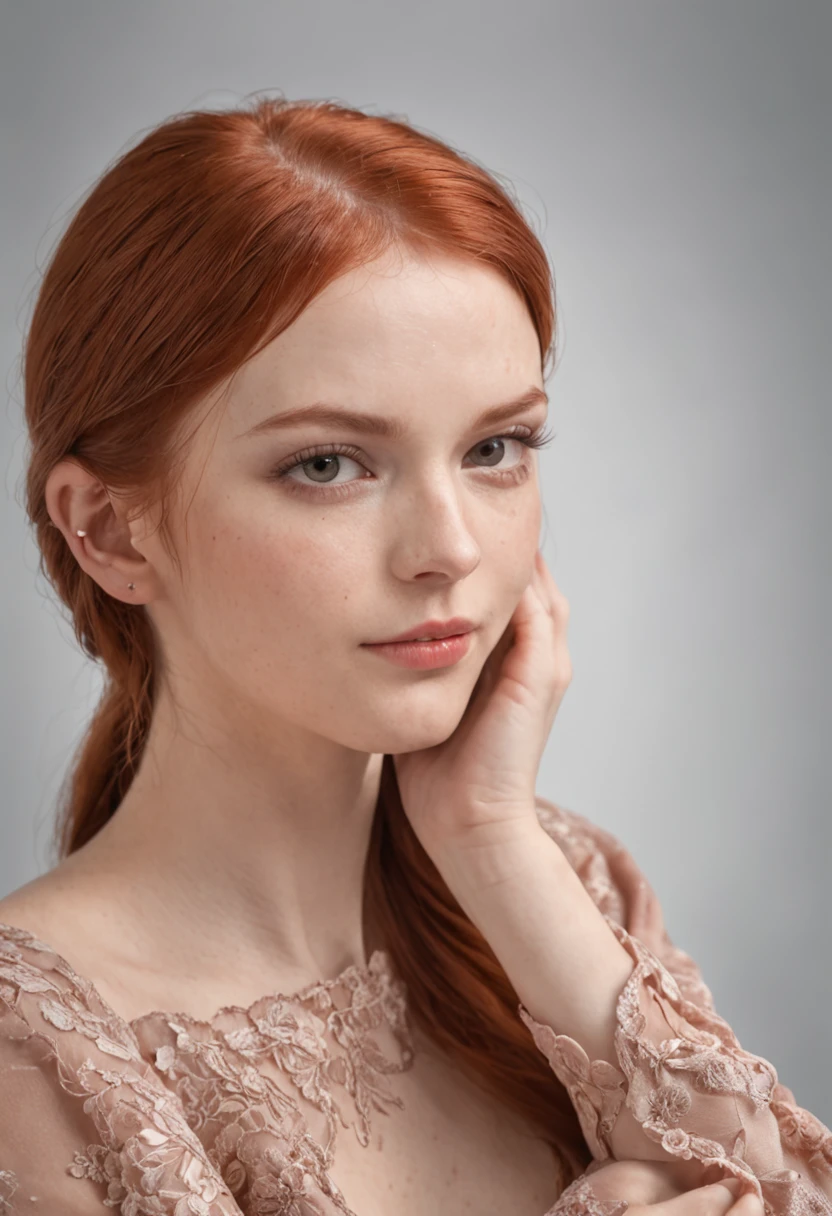 Realistic portrait of a girl with red hair in braids. , straight nose, soft facial features , many moles on the body , gray blue eyes ,clothing from the 20s of the ussr