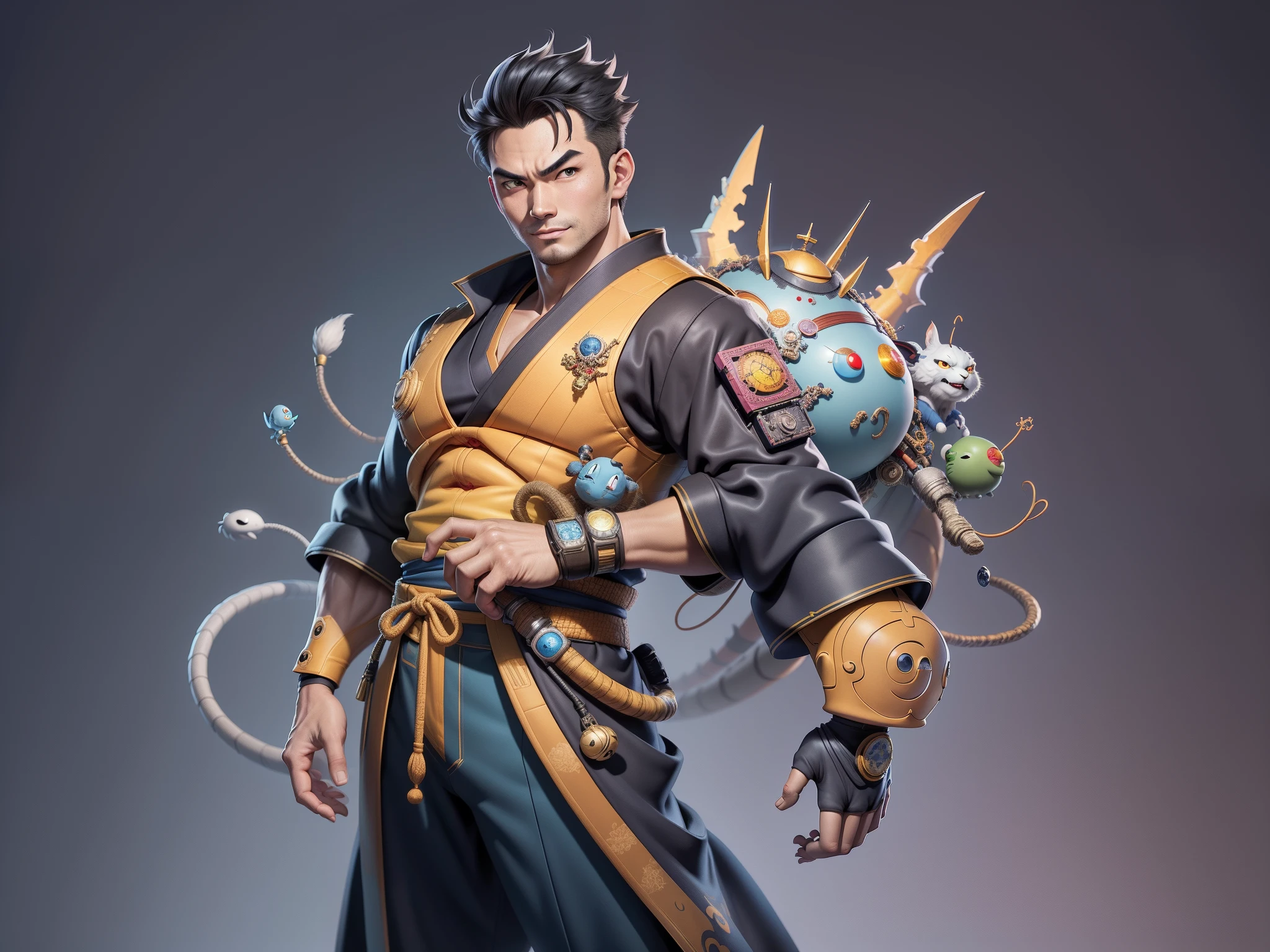 (Masterpiece), (Excellent), (Super Meticulous), (Full Body: 1.2), Super Young Man, Oriental Face, Japanese Kimono, Japanese Wind Thunder God, Dragon, Tiger, TV Anchor, Bust Portrait Illustration, Alone, Black Suit, Blue Tie, Slightly Chubby Face, Very Clean Face, No Beard, Black Super Short Hair, Black Eyes, Confident Smile, 3c Computer Sub-Products, iPad, iPhone, Digital Painting, 3D Character Design by Akira Toriyama and Mark Claireden and Pixar and Hayao Miyazaki, The illustration is a high-definition illustration in 4K resolution with very detailed facial features and cartoon-style visuals.