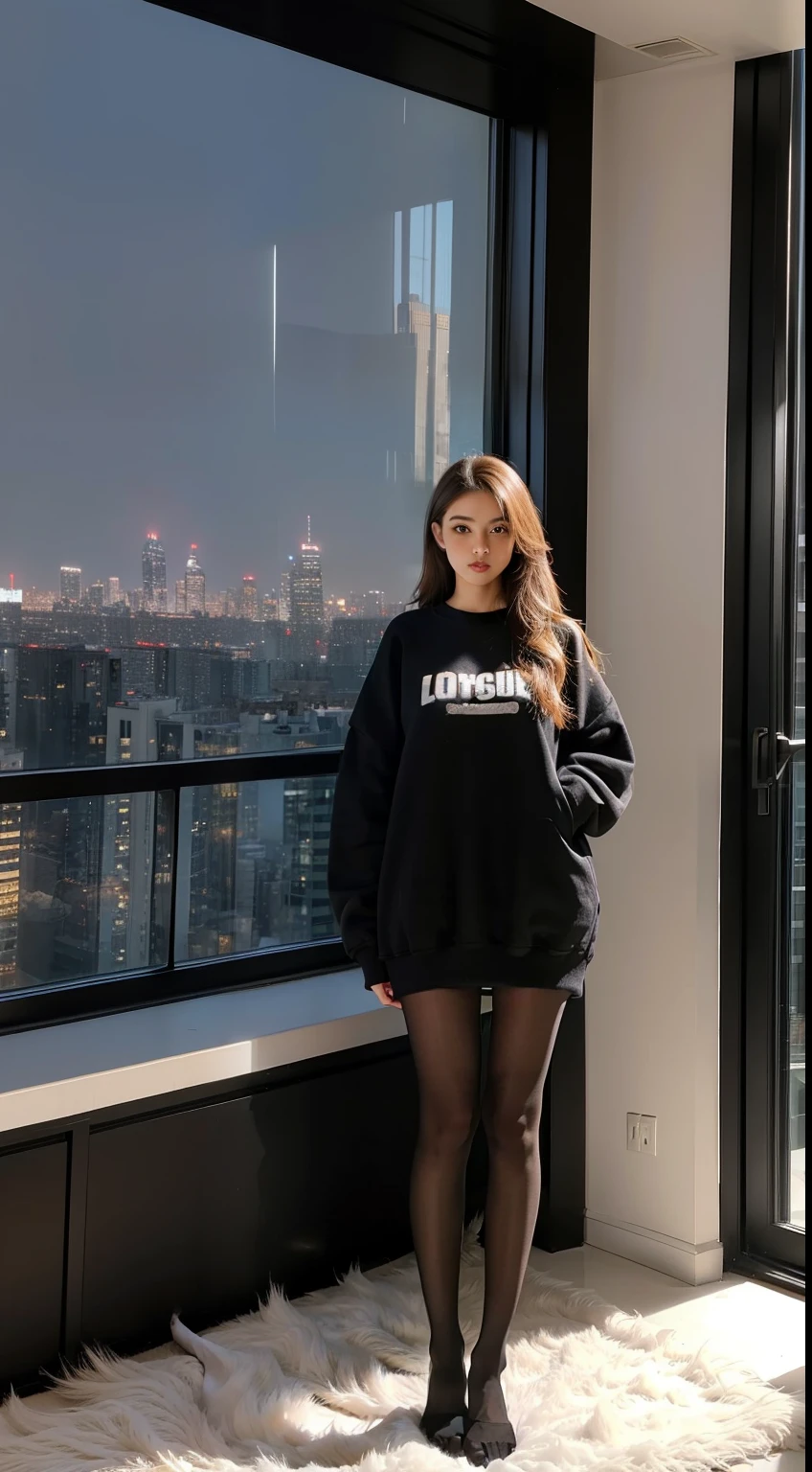 Show entire body, feet in view, 1girl, standing in front of huge window, oversized sweatshirt, pantyhose, no shoes, luxury apartment, cityscape, soft light, midnight