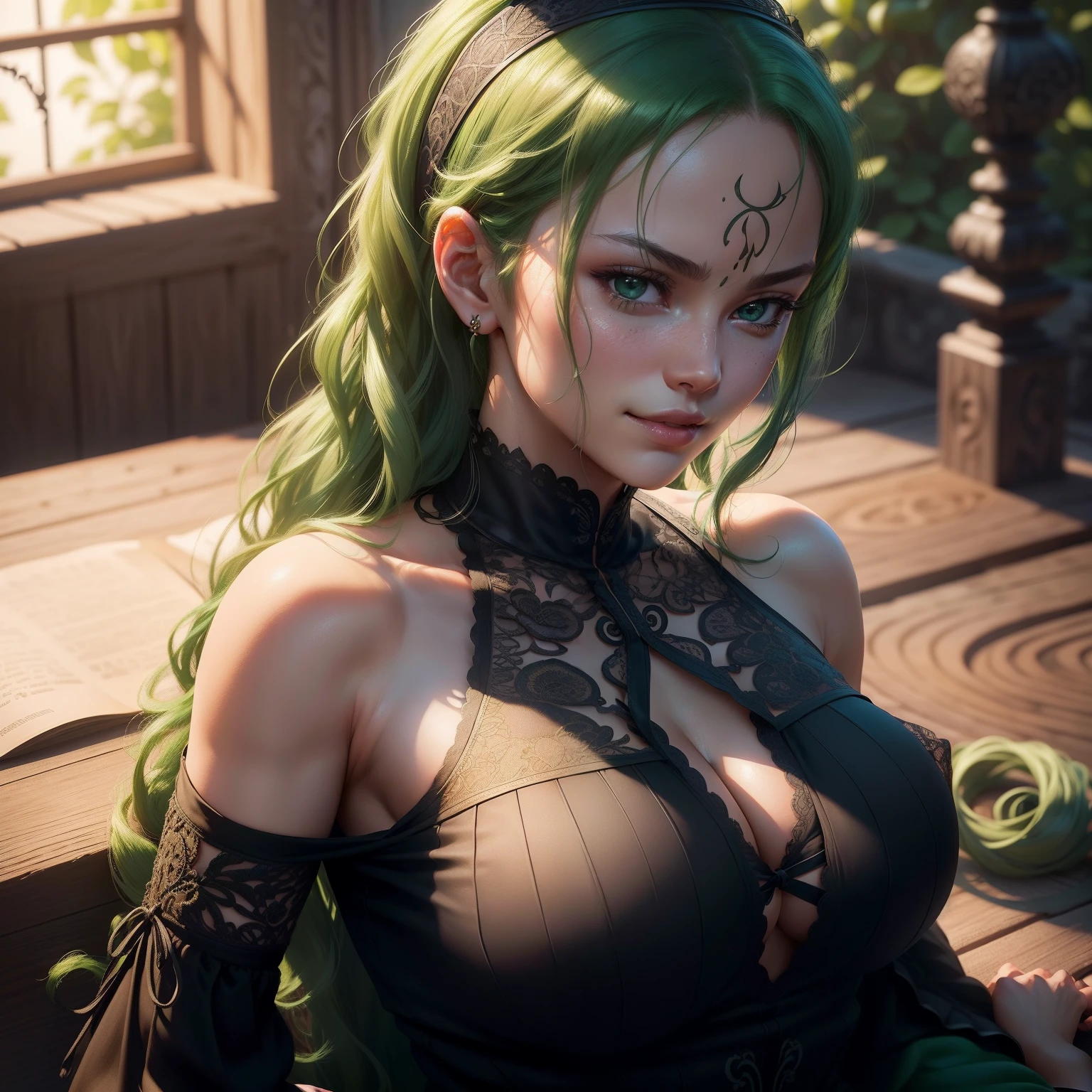 ultra realistic 8k cg, ((ultra detailed background, delicate pattern, intricate detail, highly detailed, fine details)), best quality, (photorealistic:1.4),beautiful lighting, Roronoa Zoro, one piece, big boobs, smirk, green hair, sword, black clothes, black head band