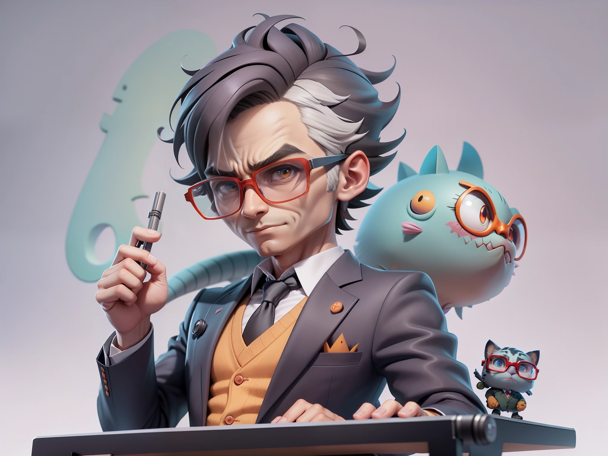 A young man in a suit, Short hair and glasses sat at his desk,holding laptop,digitial painting,tigre,3D character design by Mark Clairen and Pixar and Hayao Miyazaki and Akira Toriyama,4K HD illustration,Very detailed facial features and cartoon-style visuals。