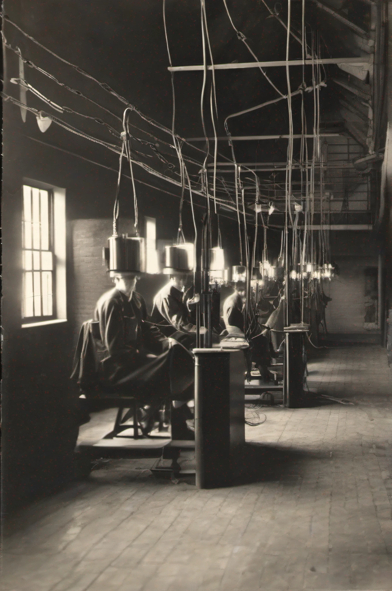 Prisoners in prisons in the 1940s live with machines with electric wires hanging from their heads.。Describe what that prison looks like。