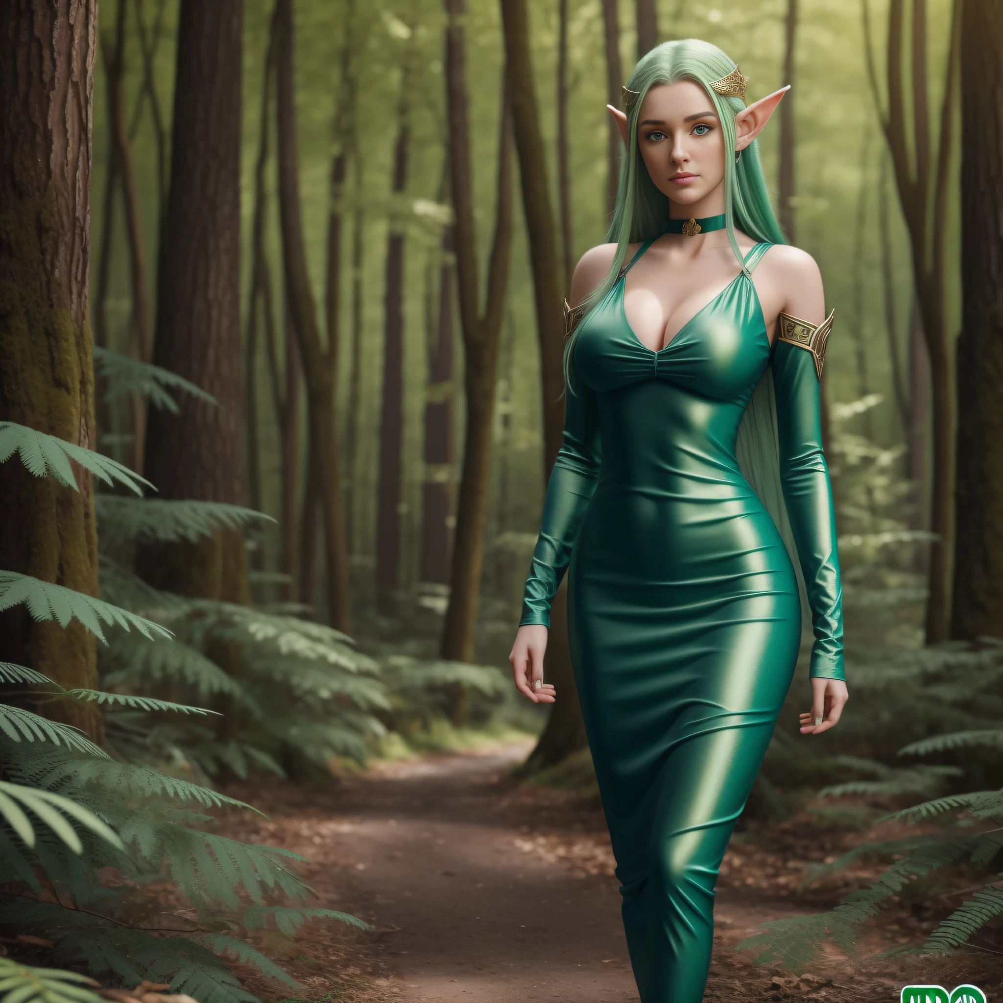 Beautiful 20-year-old divine elf with golden eyes, green hair and a skin-tight sky-blue dress takes selfies in the forest. 160 cm tall, 90-60-120, ultra realistisch, Oktan-Rendering, UHD, Unreal-Enigine 5, IG-Modell, extrem detailliert, Phantasie.