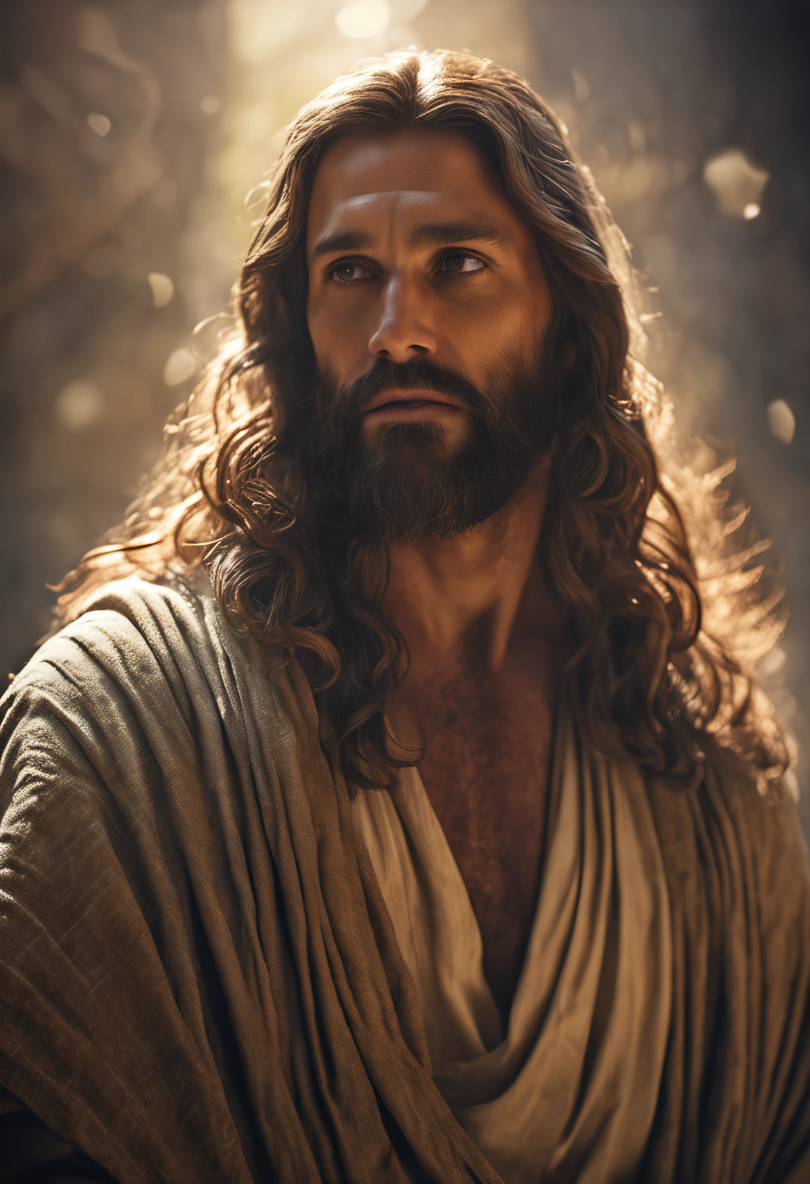 Arafed image of a man with long hair and beard, portrait of Jesus Christ, Jesus Christ, Greg Olsen, Jesus of Nazareth, painted in high resolution, The Lord and Savior, Jon McNaughton, 8K resolution. Oil on canvas, face of Jesus, portrait of religious masterpiece, ultra detail. Digital painting, dressed as Jesus Christ, very beautiful portrait, heavenly background