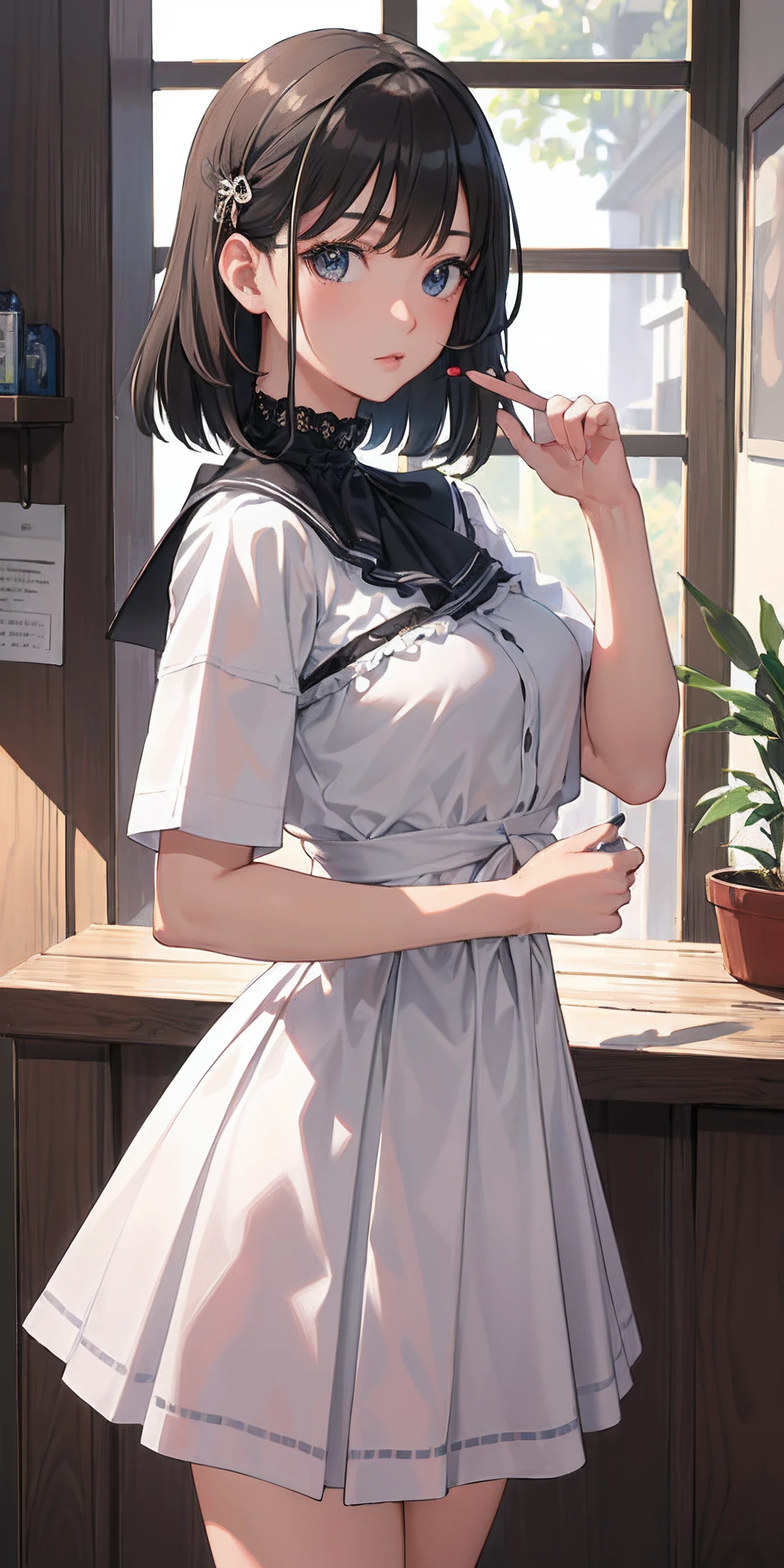 Masterpiece to the smallest detail、top-quality、realisitic、1girl in、solo、18year old、Looks like 、140cm beautiful girl、、5 year old baby face、Silky hair、 big eyes、A lovely 、Classroom、beatiful detailed eyes、Realistic eyes、Professional effects、Enhanced elegance,Sit on a chair,Black Hair、Bobcut,from front,slender、Lean、Slender、smile、white panties,uniform、 Blue blazer、Pleated Skirt、Grey Skirt、White blouse、Big Breasts、Holding white panties / presenting white panties,tie、hairpin、Hold your panties in front of your chest with both hands、Embarrassed look、multiple views,