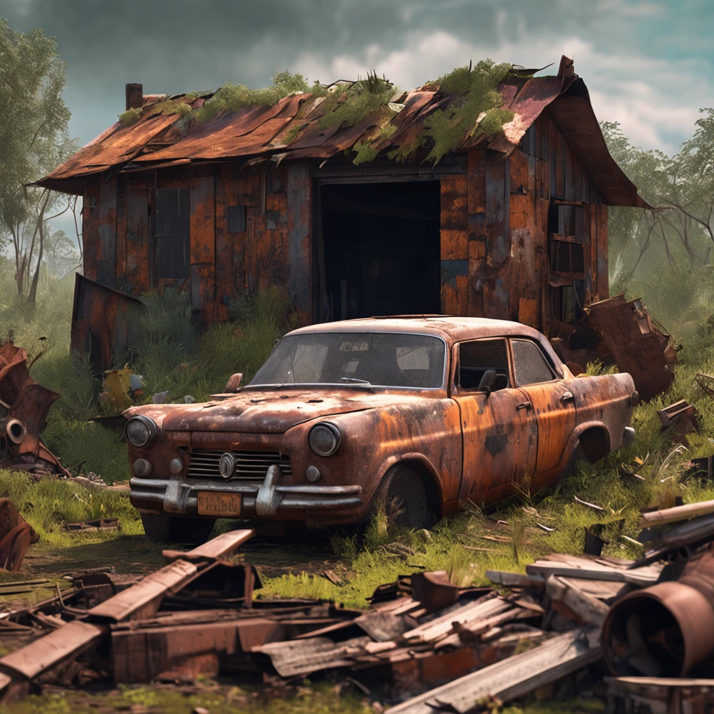 Rusted out old car on blocks with a wooden shack with a sheet metal roof in the background. by pascal blanche, neil blevins, thomas kinkade, apocalyptic color palette, trending on artstation, photorealistic, neon ambiance, ultra detailed, high definition, depth of field, bokeh, rubble, wild vegetation, building crumbling