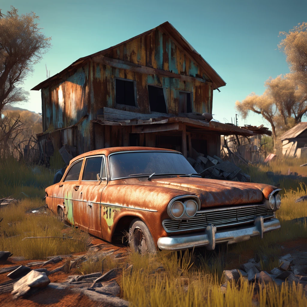 Rusted out old car on blocks with a wooden shack with a sheet metal roof in the background. by pascal blanche, neil blevins, thomas kinkade, apocalyptic color palette, trending on artstation, photorealistic, neon ambiance, ultra detailed, high definition, depth of field, bokeh, rubble, wild vegetation, building crumbling