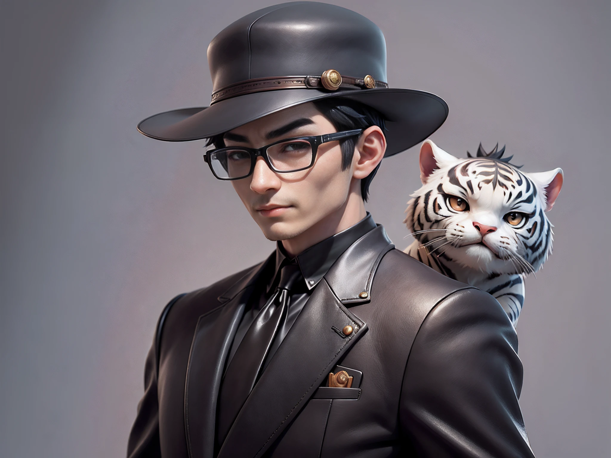 Young man with oriental face in leather hat, tiger, oriental face in formal suit, short black hair, silver glasses, digital painting, 3D character design by Mark Clairedon and Pixar and Hayao Miyazaki and Akira Toriyama, the illustration is a high-definition illustration in 4K resolution with very detailed facial features and cartoon-style visuals.