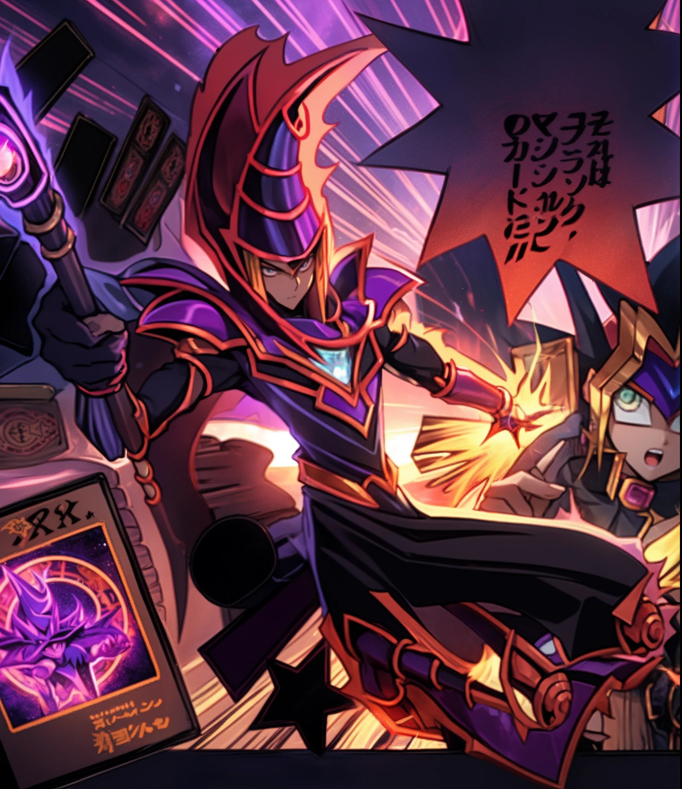 Una imagen de un hombre con una capa, Estilo Yugioh, Mago Negro, Maga oscura de Yu-Gi-Oh, Yugioh, Color morado, Ilustraciones de Yugioh, Estilo de arte Yugioh, Hermosa chica maga oscura, Slifer the dragon of the sky, Tarjeta Yugioh, Ultra Mega Super Hyper Detalle, Mago en duelo