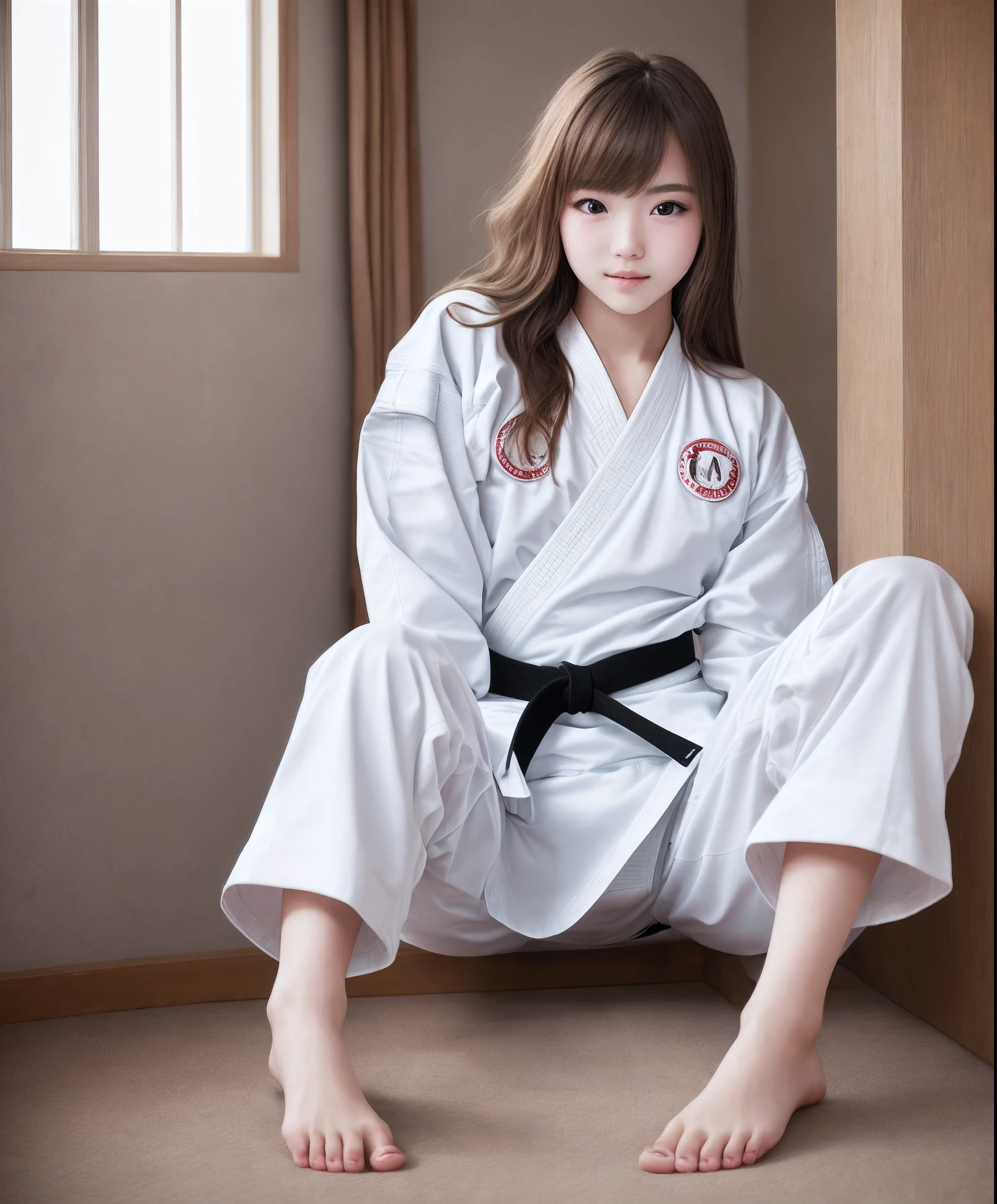 real photo, beautiful, teenage girl in white karate uniform, Bare feet, Luxurious-looking, luxurious facial features, Mesmerizing expression, light brown Hair, , fulbody, Tokyo, 8K