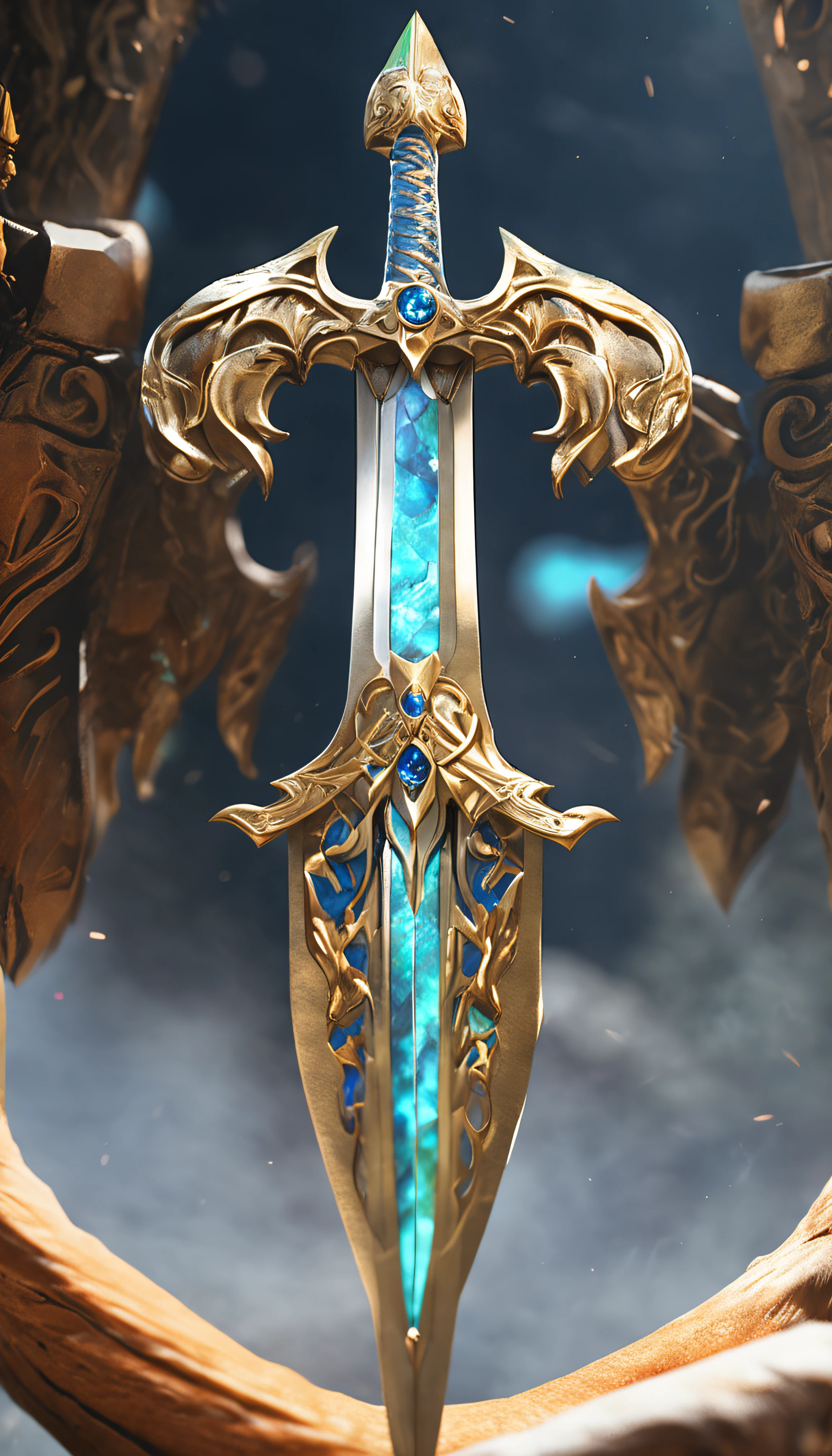 Excalibur, Delicate mango, The sword body is exquisite,well decorated,(((The body of the sword is designed with a blue opal and a light green particle effect shaped pattern..:1.3))), Should, (The sword body is symmetrically decorated:1.3), (The entire Excalibur blade is centered:1.3), Close-up at medium range,(General silhouette:1.3),(Fantastic landscape painting:1.2), Ultra Realistic Photo, super-fine, 8K, Premium wallpapers, the highest picture quality, ..。.。.3D,C4D, tmasterpiece, rendering by octane