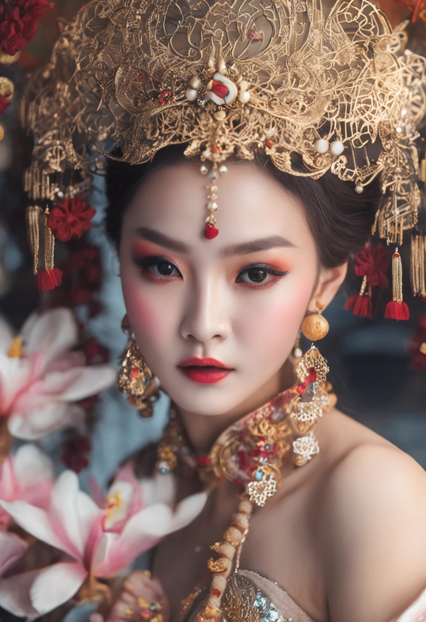 Beautuful Women,long whitr hair,hair-bun,The most beautiful woman in the world,《Peerless looks》,the most beautiful big eyes,long eyelasher,Sexy color lip stain,extreme picture quality,Highest accuracy,Detailed portrayal of the face,Characters portrayed in detail,Detailed portrayal of exquisite tulle Hanfu,Fairy air fluttering,《Detailed portrayal of strong super large breasts》,《Strong super huge breasts》