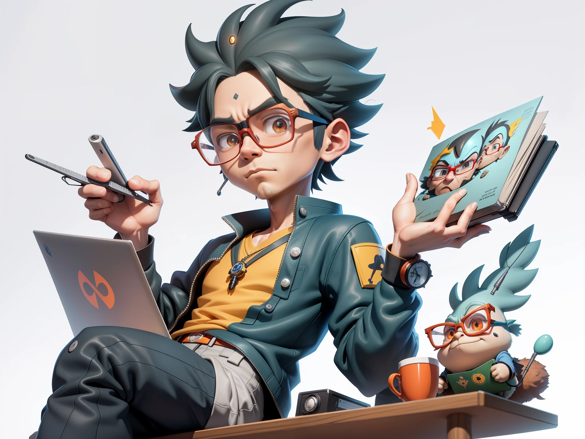 A young man with glasses sits at his desk，holding laptop，digitial painting，3D character design by Mark Clairen and Pixar and Hayao Miyazaki and Akira Toriyama，4K HD illustration，Very detailed facial features and cartoon-style visuals。