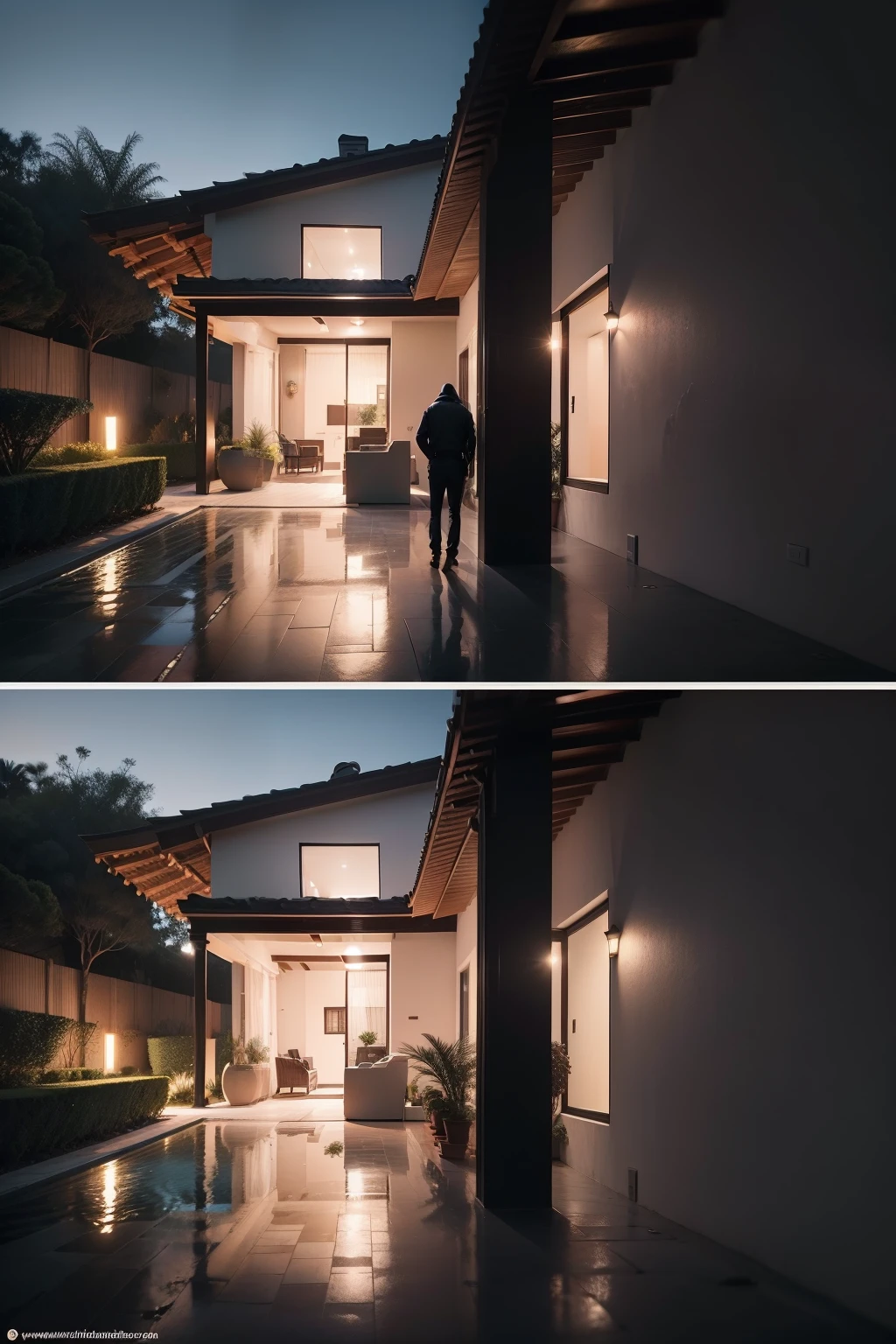 The house is located in an exclusive neighborhood and is surrounded by a large well-kept garden. The architecture of the house is elegant, com janelas grandes e uma entrada imponente. No entanto, The scene also shows that the house is equipped with advanced security systems. Surveillance cameras are strategically positioned around the property, Capturing all angles. Feixes de luz infravermelha cortam o jardim, indicating the presence of motion sensors. A fachada da casa exibe discretamente sensores de alarme. The thief is dressed in dark clothes and wears a mask to cover his face. He's trying to sneak around the garden, Stay in the shadows to avoid detection by cameras. His tense and cautious posture reflects the perception of the risk he is taking. A luz da lua brilha sobre a cena, highlighting both the beauty of the luxurious home and the tension of the moment. Security cameras emit small dots of red light, contrasting with the surrounding darkness. The image captures the duality between the sophistication of the house and the intrusion of the thief, as well as the feeling that the thief is facing a formidable challenge due to the security measures in place." SHOW THE IMPORTANCE OF THE SECURITY CAMERA !!