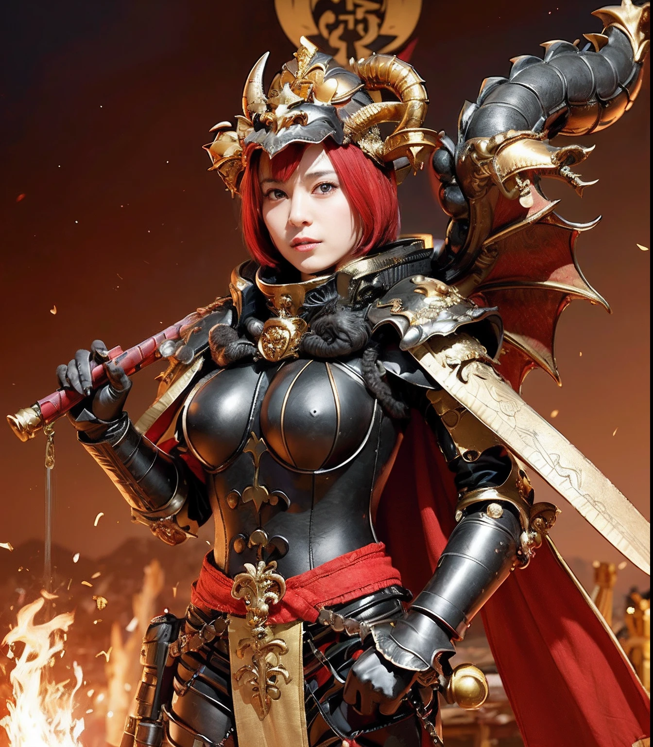 Professional , masterpiece、top-quality、photos realistic , depth of fields (Gemstone Black Metal Body:1.9),(Enamel Black、(cleavage of the breast)、(Chinese Dragon)、Mystical expression、Dragon Gold Weapon(Dragon Metal Body:1.4),Gorgeous gold weapons ,(( Dragon's dense and gorgeous sword)) , 、blood splashing、 ,warhammer 40k , adepta sororitas,Detail and gorgeous crown、((Brown hair))、(The dragon)、(Castle background)、The dragon、((Gangle's forest background))、Beautiful Caucasian beauty、(1a person)、dynamic ungle,(((Detailed and ornate dragon helmet)))、Smaller head、A smile、Castle background、Thin and beautiful female hands、cleavage of the breast、Mystical expression、Light Effects、Wind-effect、magic circles、With the legendary magic wand、(demonic wings)、Toostock、