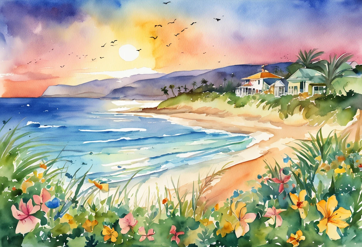 Pixar style minimalist vector of beautiful island sunrise, A secluded beach with small waves gently crashing against the beach, Open view of the calm emerald sea, With the sun breaking the horizon、Rainbow rays gently penetrating the sky