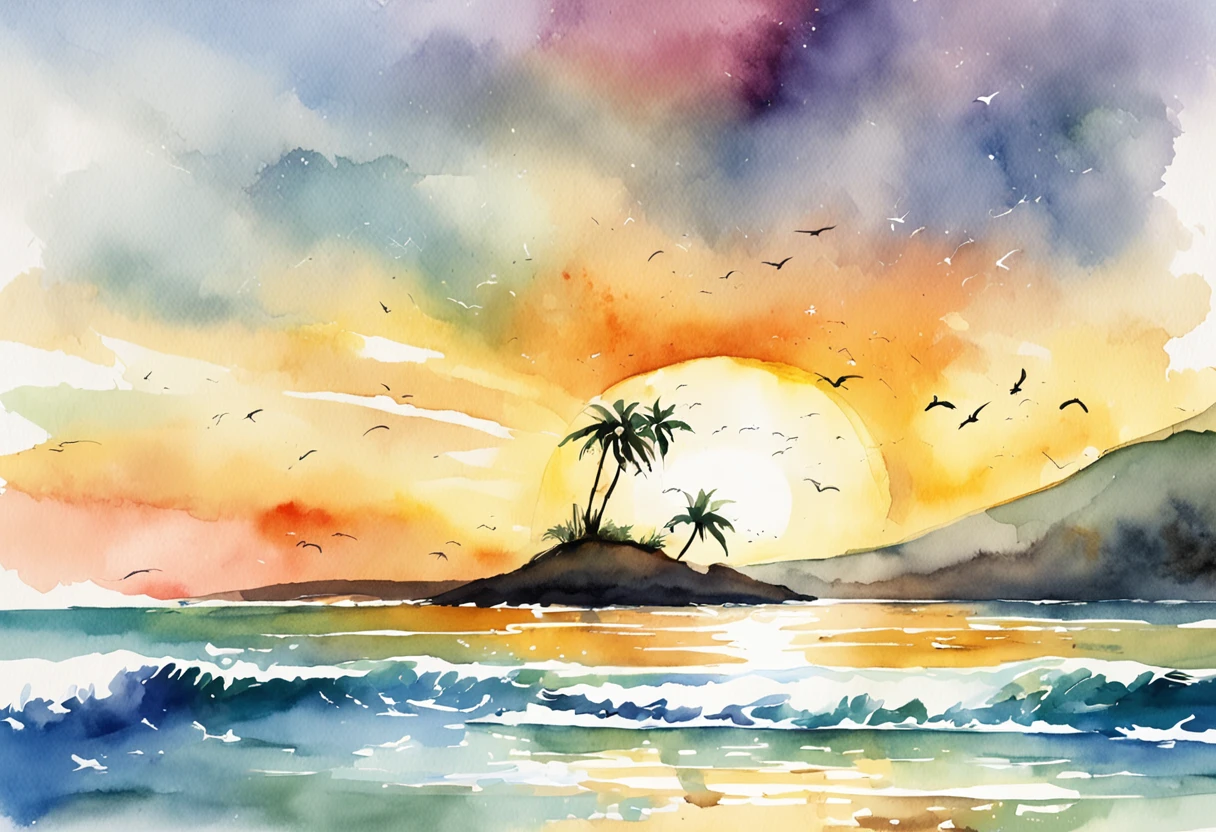 Pixar style minimalist vector of beautiful island sunrise, A secluded beach with small waves gently crashing against the beach, Open view of the calm emerald sea, With the sun breaking the horizon、Rainbow rays gently penetrating the sky
