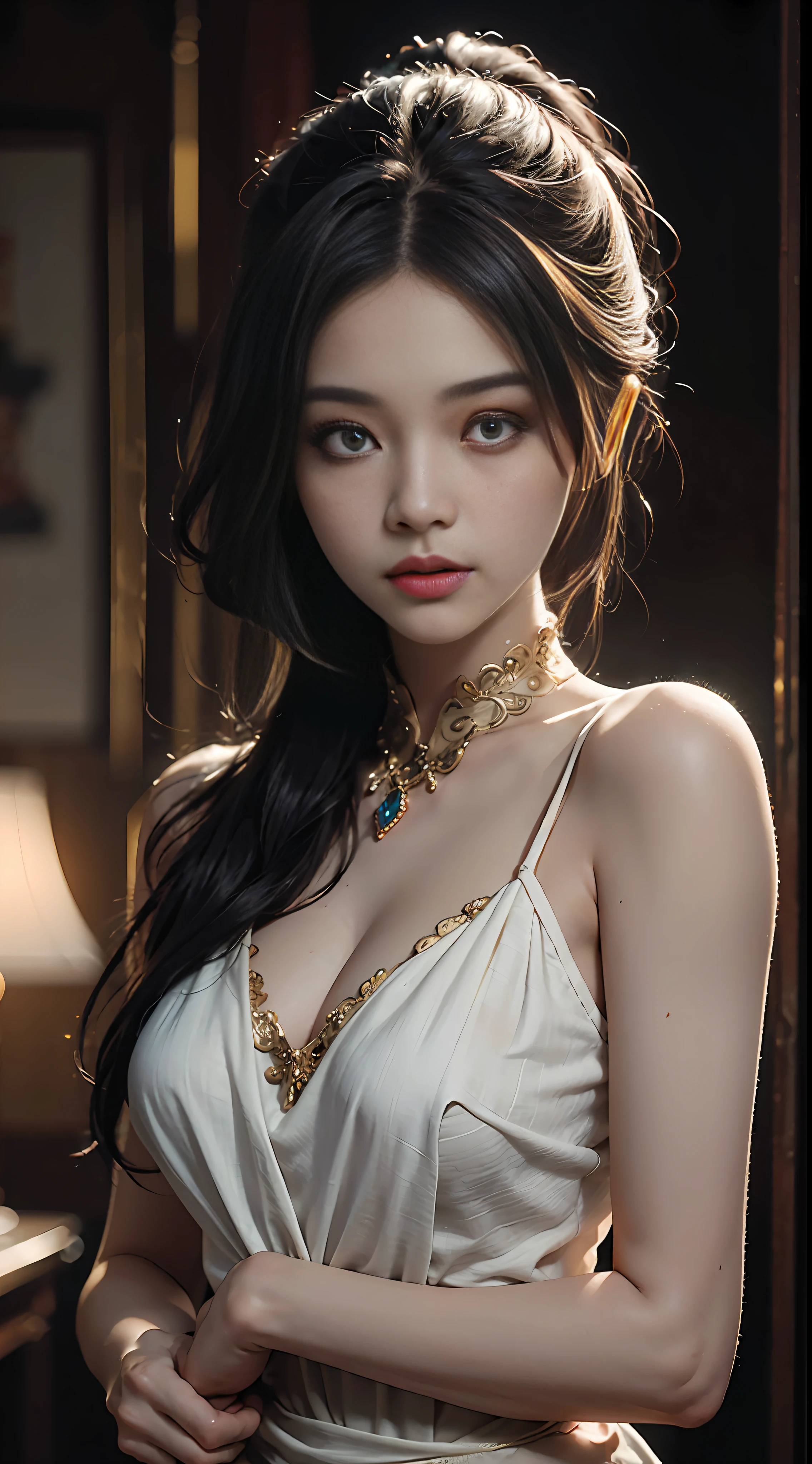 Best Quality, (RAW Photos: 1.2), (Masterpieces: 1.4), (Realistic: 1.4), (High Resolution: 1.4), Chinese actress Gulinazha, depth of field, intricate details, 8k, very detailed, perfect lighting, epic background, big bust 1.3, student outfit, hand grasping his chest 1.5, hand grasping his chest, grasping the deformation of his chest, eyes revealing a hint of longing 1.5