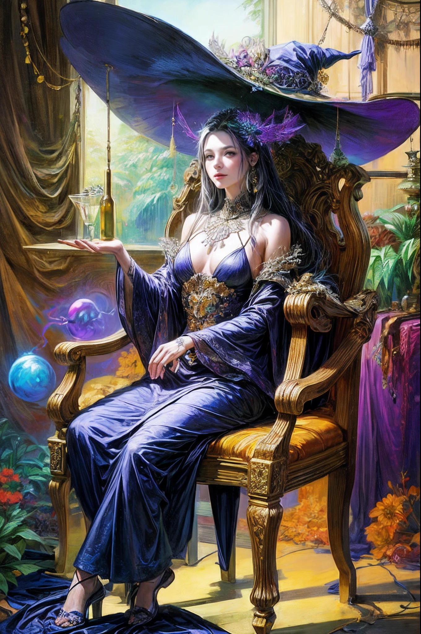 (Wide shot:1.0),(Close-up:1.0), (Full body shot:1.0),(trippy art:0.8)，An old witch sits in a Kadilau chair in the background，She was holding a Soniste crow，Old hag，mistic，magia