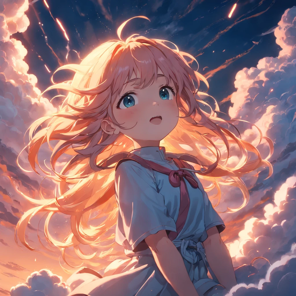 masterpiece, best quality, movie still, 1girl, cloud girl, floating in the sky, close-up, bright, happy, warm soft lighting, sunset, (sparks:0.7)