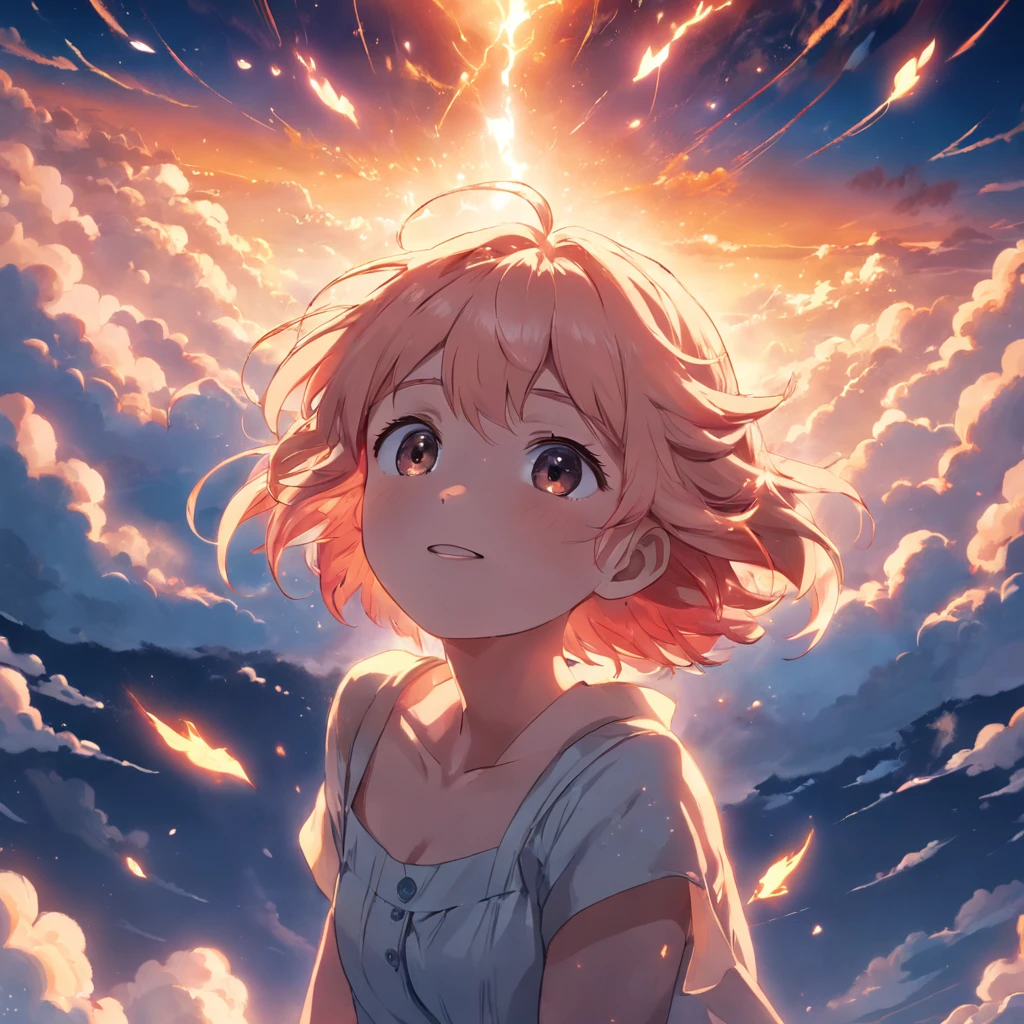 masterpiece, best quality, movie still, 1girl, cloud girl, floating in the sky, close-up, bright, happy, warm soft lighting, sunset, (sparks:0.7)