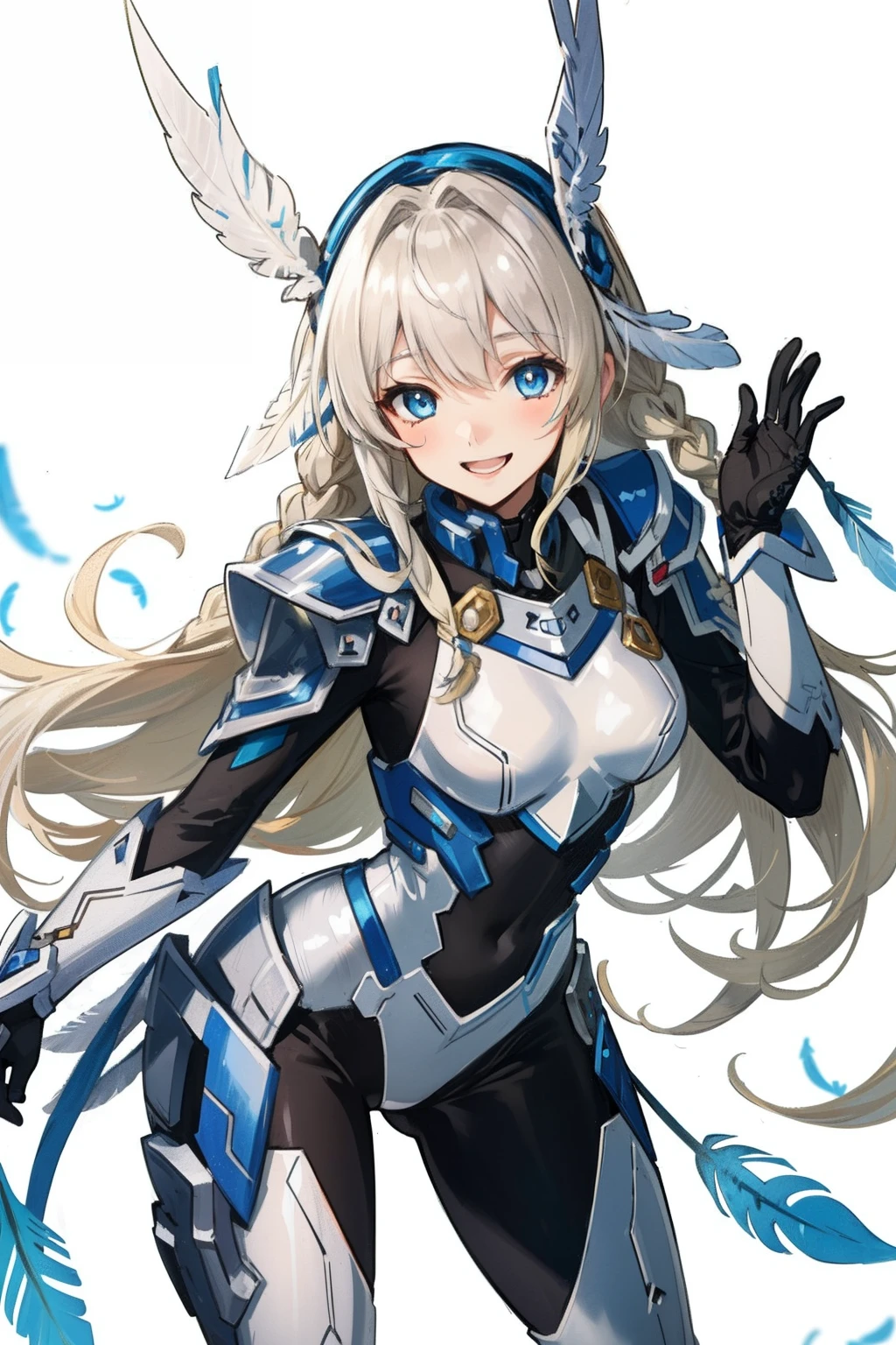 (master piece, Best Quality), Intricate details, valkyrie, kawaii, Happy, (((Laugh))), Villainous smile, Hand up, Looking at Viewer, Feather Headgear, Flower meadow,
1 girl in, Solo, Portrait, Tentacle Plutinum Blonde Hair, drooping ice blue eyes, Silver Single Thigh, White Independent Single Sleeve, gloves, braid,
mecha musume, White bodysuit, Silver Reinforced Suit, (((Mini Feather Wing))), silver pantyhose, full armor, flower decoration, equip sword,