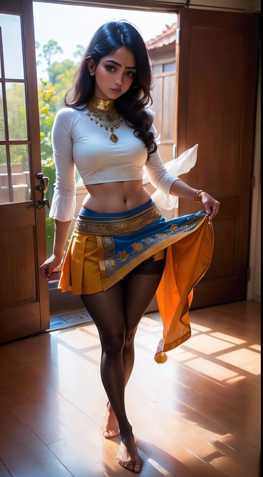 Show entire body, feet in view, beautiful Indian woman, mini skirt, traditional style, pantyhose, no shoes, traditional home, daytime, great lighting.