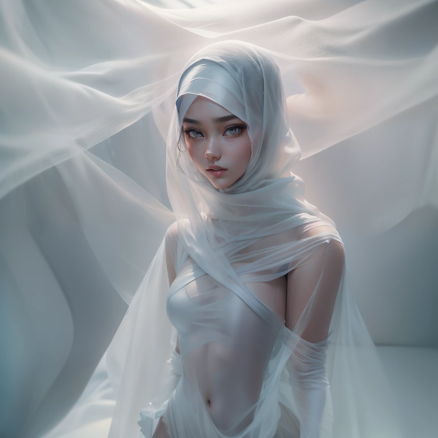 (Best Quality), ((Masterpiece), 3D, A rare beauty, a very beautiful and attractive  asian girl wearing hijab, perfect proportions, fit and athletic body, her eyes detailed and beautiful, 1girl, double eyelid, HDR (High Dynamic Range), perfect proportions, perfect anatomy, 8K RAW, full body, masterpiece, ultra high quality, ultra high resolution, photorealistic, very nice shot full body photo, perfect proportions of both body and face, perfect proportions and positions, perfect human hands, all she has to cover her whole body is a wet extremely thin sheer translucent tulle, there is nothing else on her that she wears, wearing nothing besides the tulle vovering her, sheer, translucent, see-thru, seethru, wet, damp, nothing but a tulle is covering her whole body, she is braless, (All made of white tulle: 1.5), ((Full body soaked: 1.8)), lifting the covering tulle, opening her dress, revealing, exposing, exhibiting her body and private parts iman troye