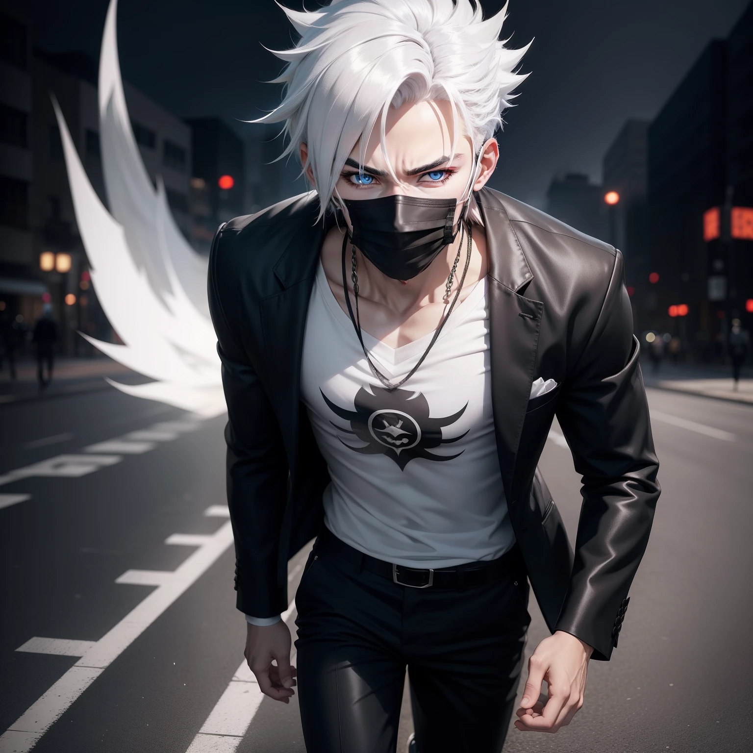 Anime boy, mask, edgy, black and white shirt and pants, dark background, symmetrical face, handsome, beautiful eyes, beautiful hair, badass, High quality image, white hair, laughing, skinny, looking up in the sky, alone, walking