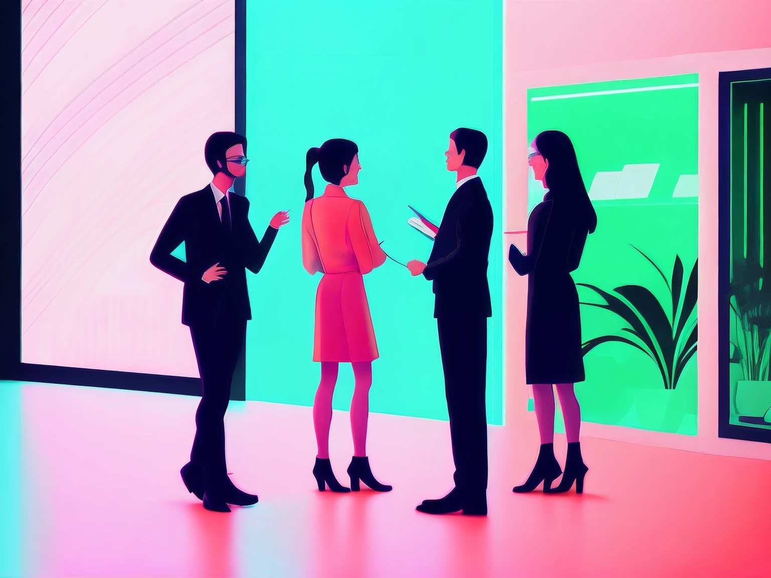 An illustration of four people talking, a business office, cores neon por Kilian Eng