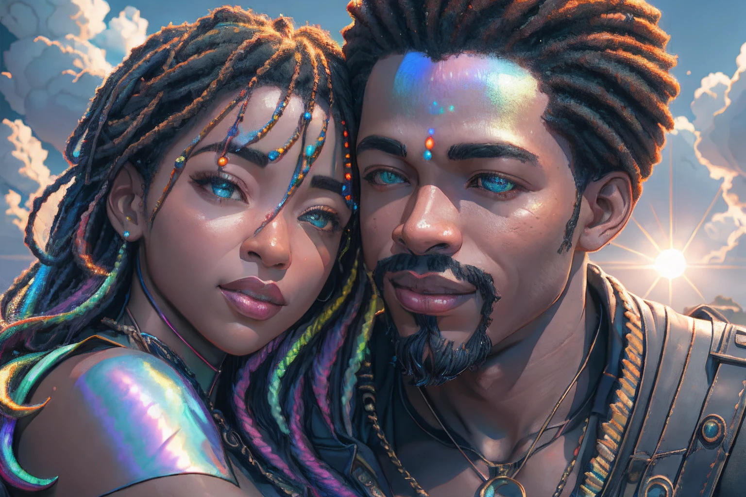 A sculpture of a couple black man and woman hugging in the sky, surrounded by clouds with the sunlight piercing through, with iridescent light, highly detailed images, vibrant beautiful colours, photorealistic image, 8k, ultra HD, unreal engine rendered, cinematic lighting, artgerm style, --auto --s2