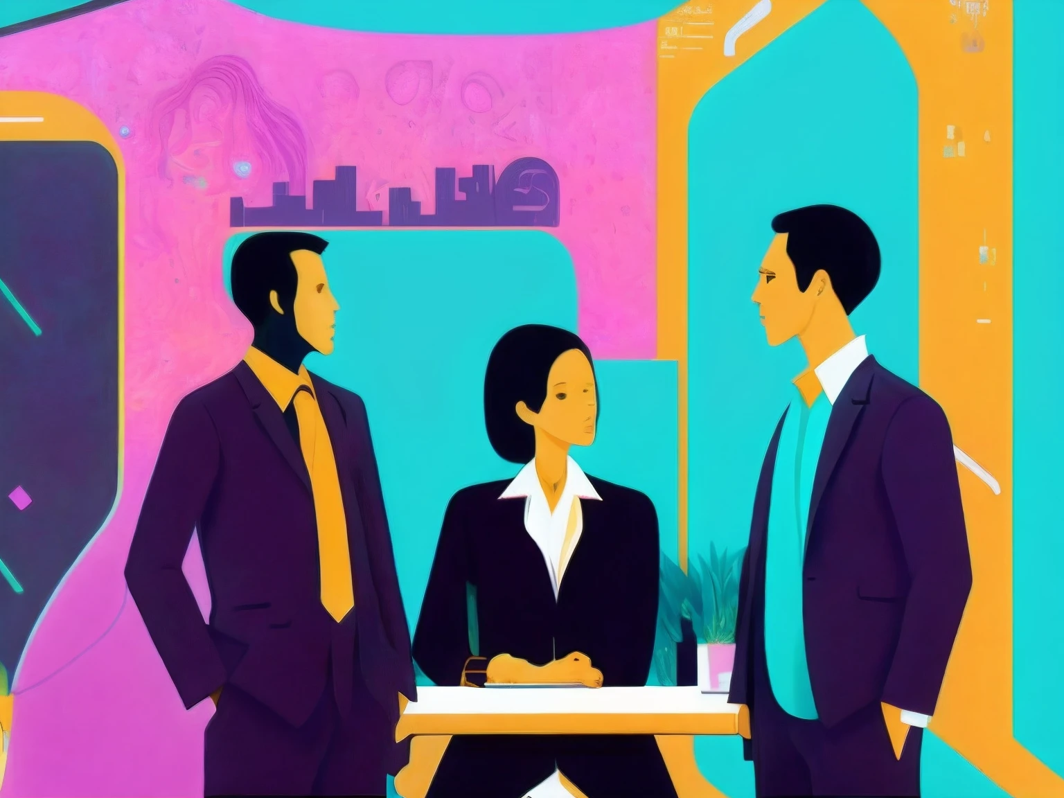 An illustration of four people talking, a business office, cores neon por Kilian Eng