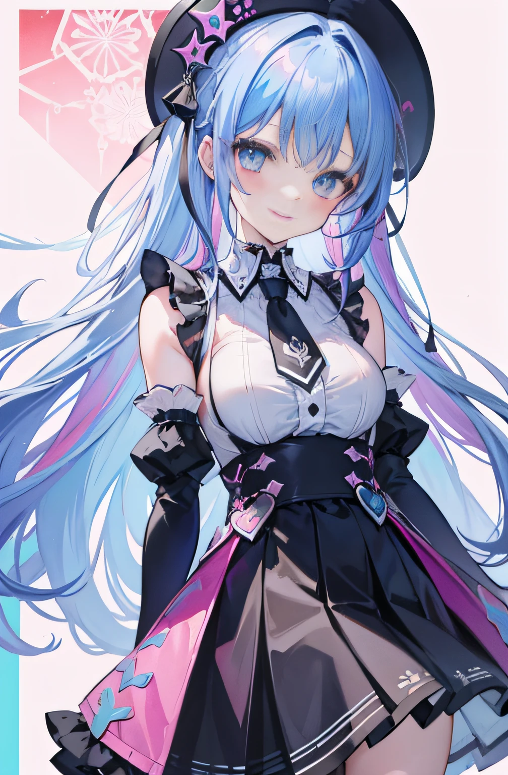 student clothes、The shirt、neck tie、tits out、Gothic ta、a miniskirt、Ribbon decoration on the skirt、Sleeveless、arm guards、full body Esbian、Student Cap、deph of field,watercolor paiting(Curly)、Beautifully Aesthetic:1.2)、(1girl in:1.3)、(Fractal Art:1.3)、(rainbow-colored hair、colourful hair、Half blue and half pink hair:1.2)、looking at the viewers、patterns、colourfull、colorful backdrop、a room、a smile、Throat and face