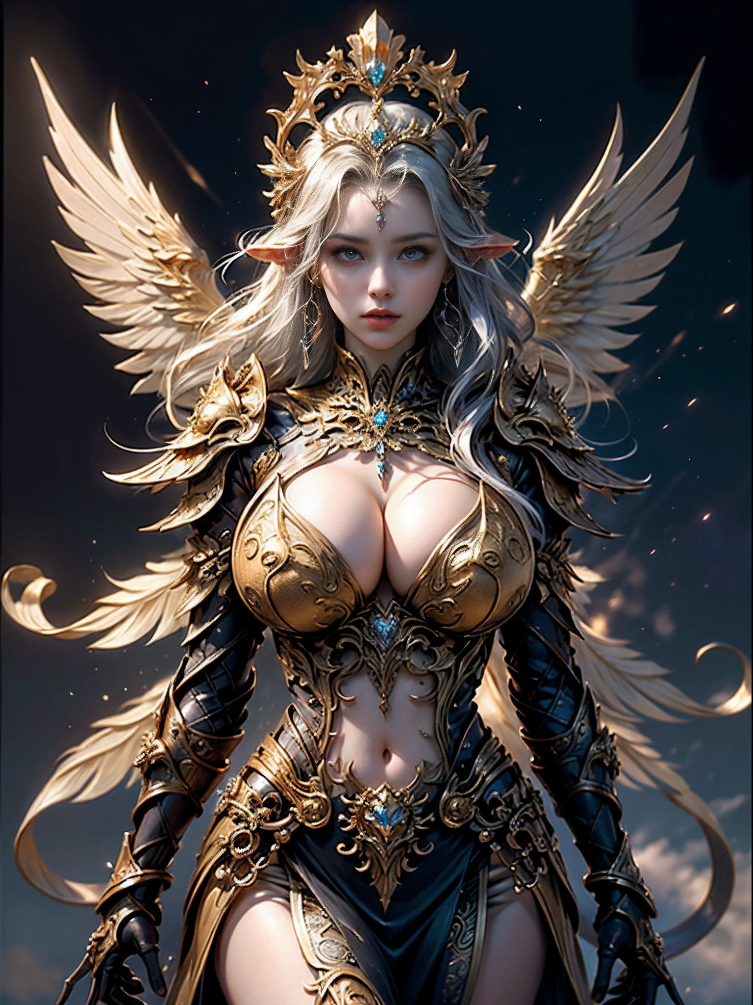 Sexy Elven Woman in a golden transparent dress,view the viewer,(((Huge breasts, Large cleavage))),Slim waist,(Bare waist), Elven girl in shiny armor, Beautiful gold and silver armor, Extremely detailed, Exquisite tiara and jewelry, Long shapeless hair, (Elven city background), Ultra-detailed, detailed fantasy art, Stunning character art, Beautiful and exquisite character art, Crystal jewelry filigree, milky ways, Stunning visuals, (dynamic streaks, light tracks:1.2), Vibrant colors, cinematic lighting.